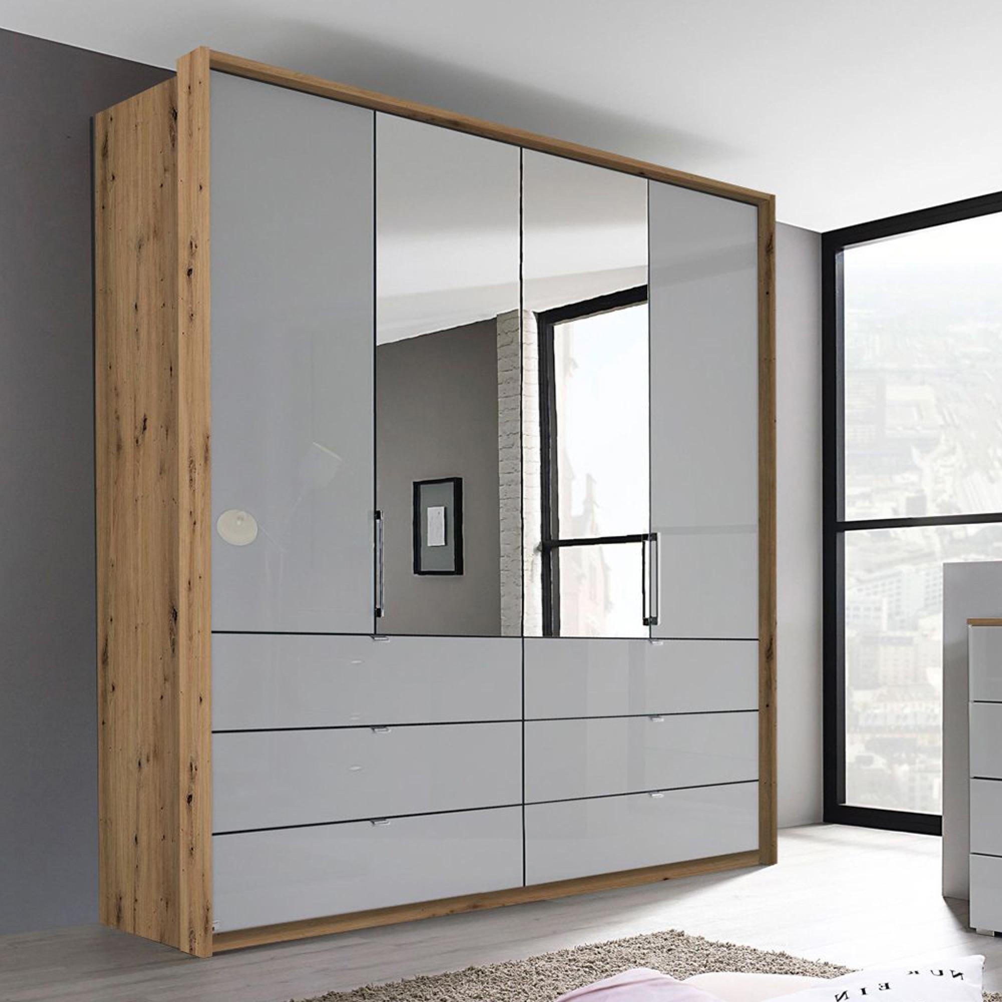 Erimo Wardrobe - 204cm - 4 Door - 6 Drawer - Combi - Artisan Oak 6 Silk Grey Glass