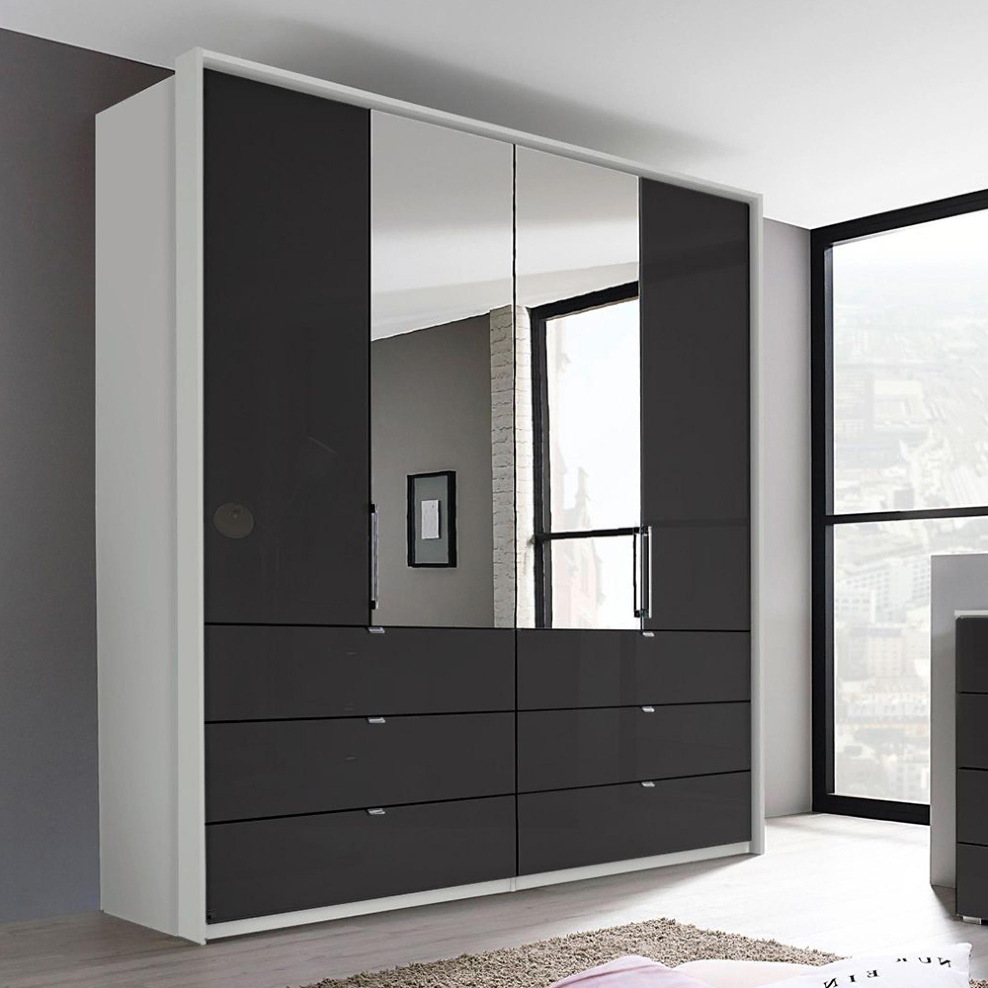 Erimo Wardrobe - 204cm - 4 Door - with Drawer - Combi - Silk Grey & Basalt Glass