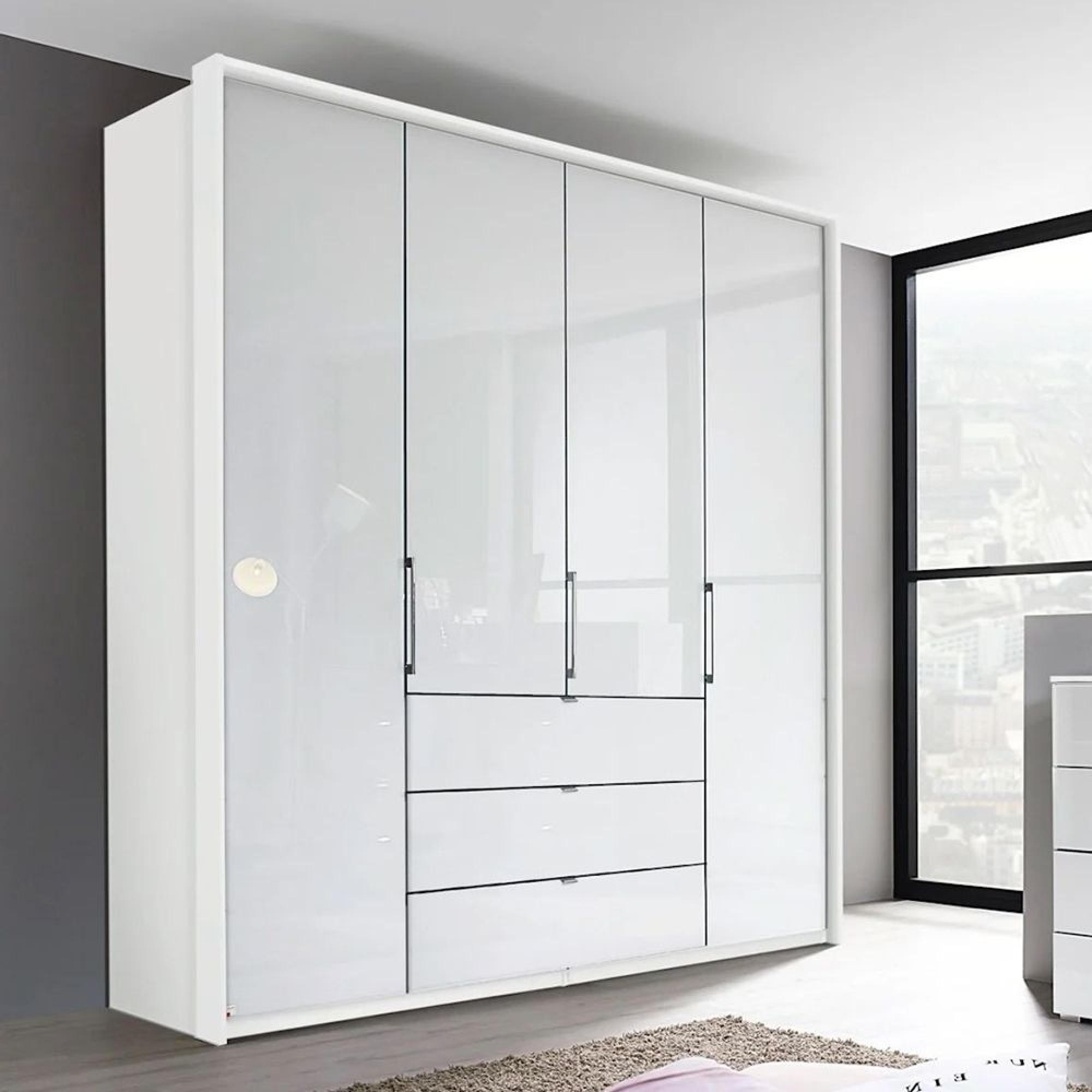Rauch Erimo 204cm 4 Door Wardrobe with 3 Drawer - Alpine White and Crystal White Glass