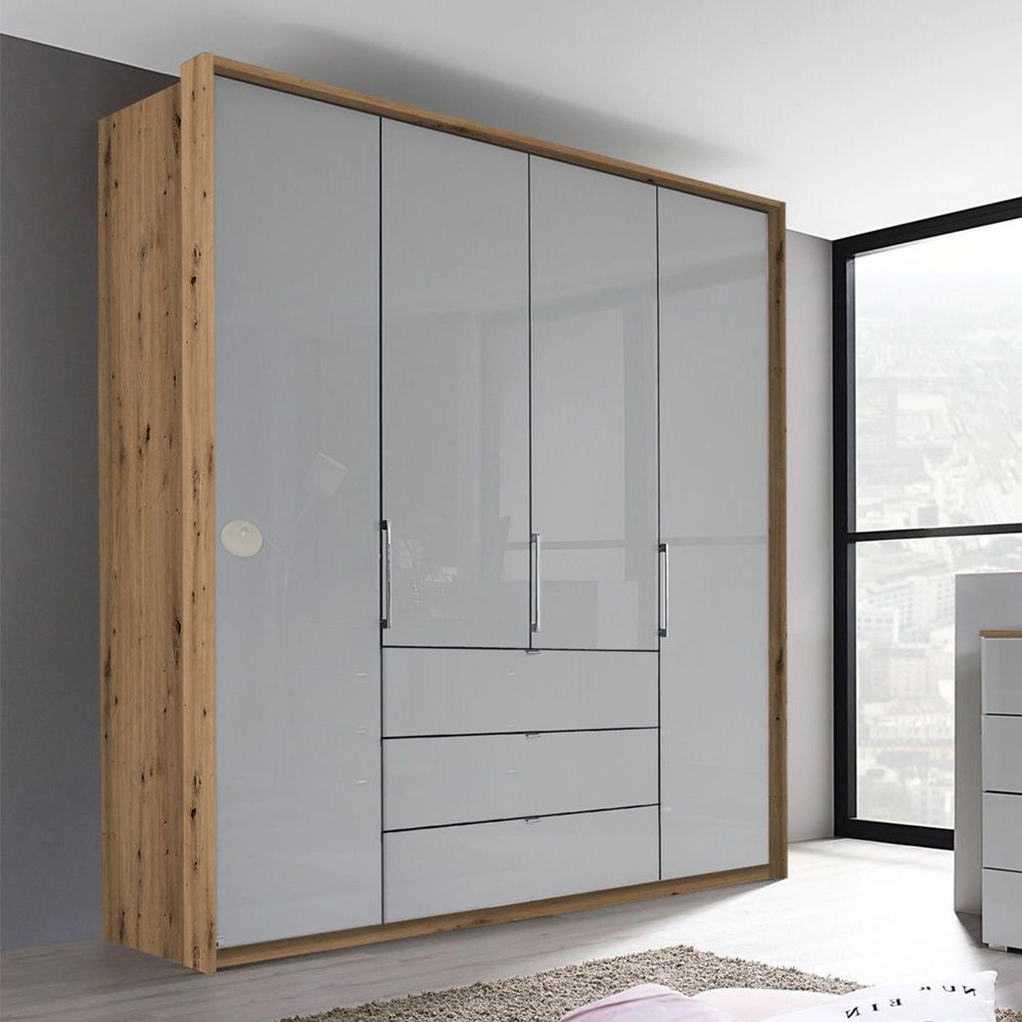 Rauch Erimo 204cm 4 Door Wardrobe with 3 Drawer - Artisan Oak and Silk Grey Glass