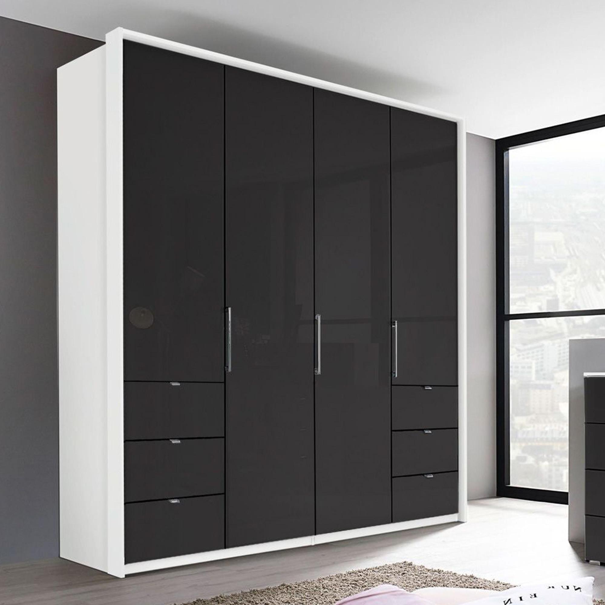 Erimo Wardrobe - 204cm - 4 Door - with 6 Drawer - Alpine White & Basalt Glass
