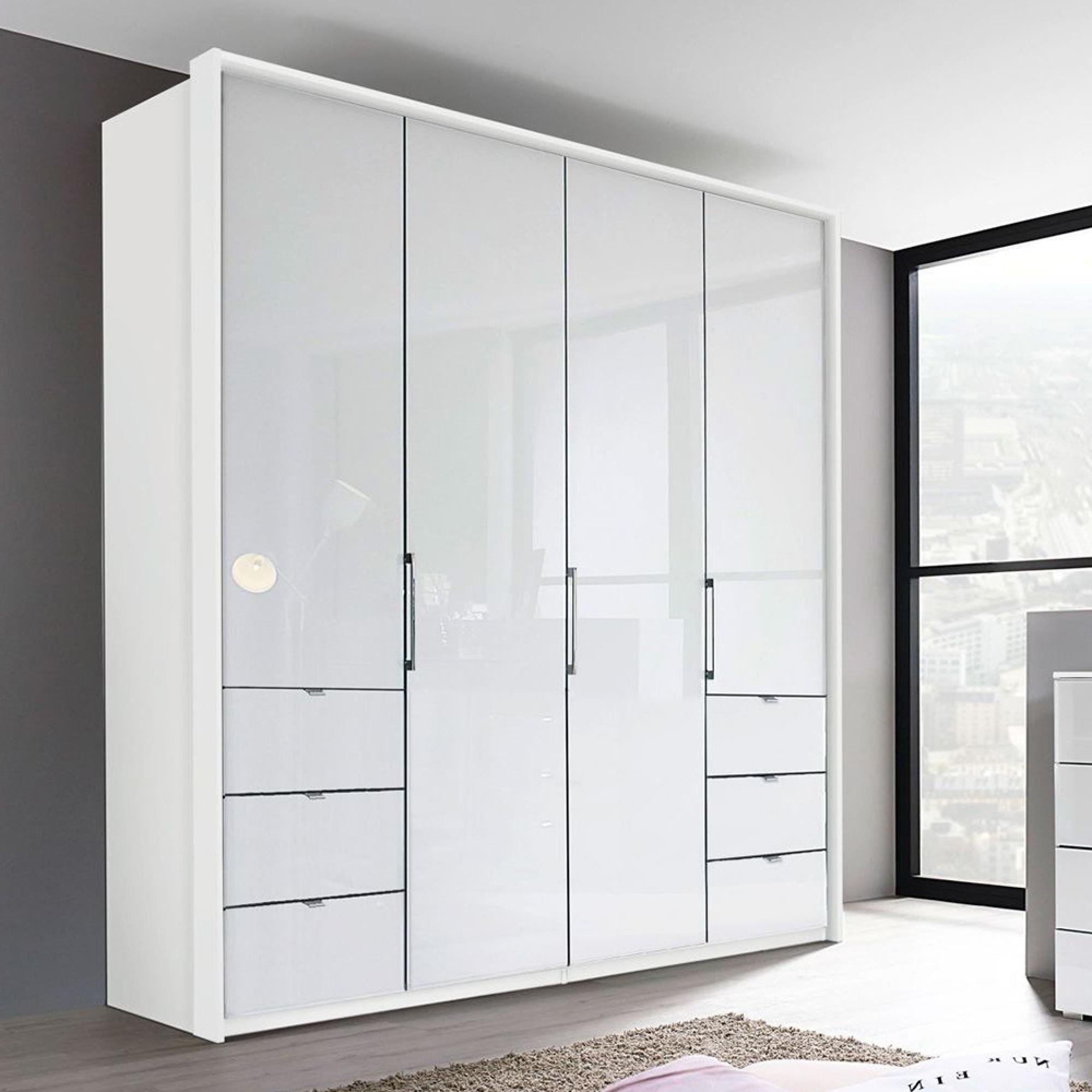 Erimo Wardrobe - 204cm - 4 Door - with 6 Drawer - Alpine White & Crystal White Glass