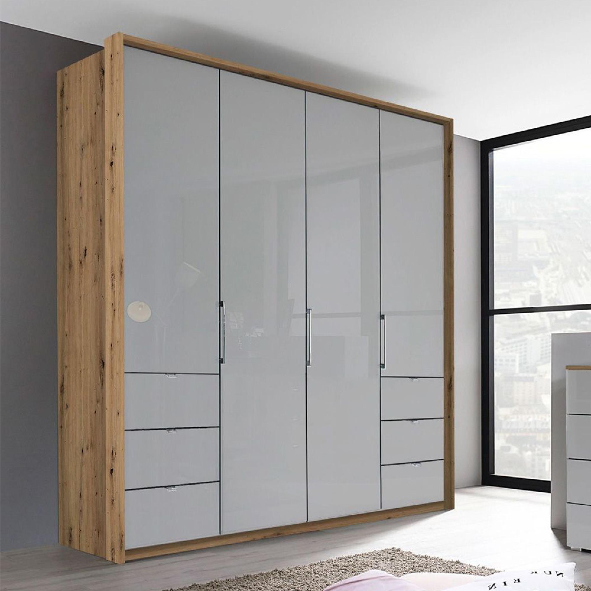 Erimo Wardrobe - 204cm - 4 Door - with 6 Drawer - Artisan Oak & Silk Grey Glass