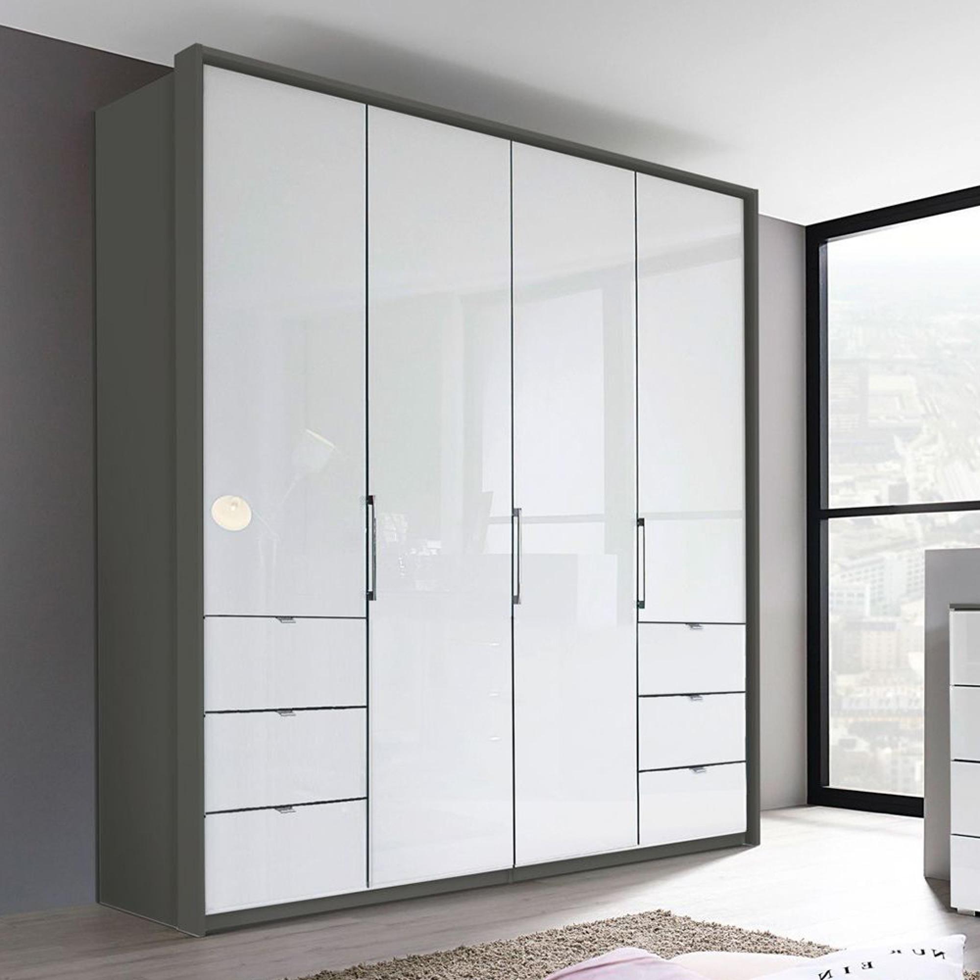Erimo Wardrobe - 204cm - 4 Door - with 6 Drawer - Graphite & Crystal White Glass
