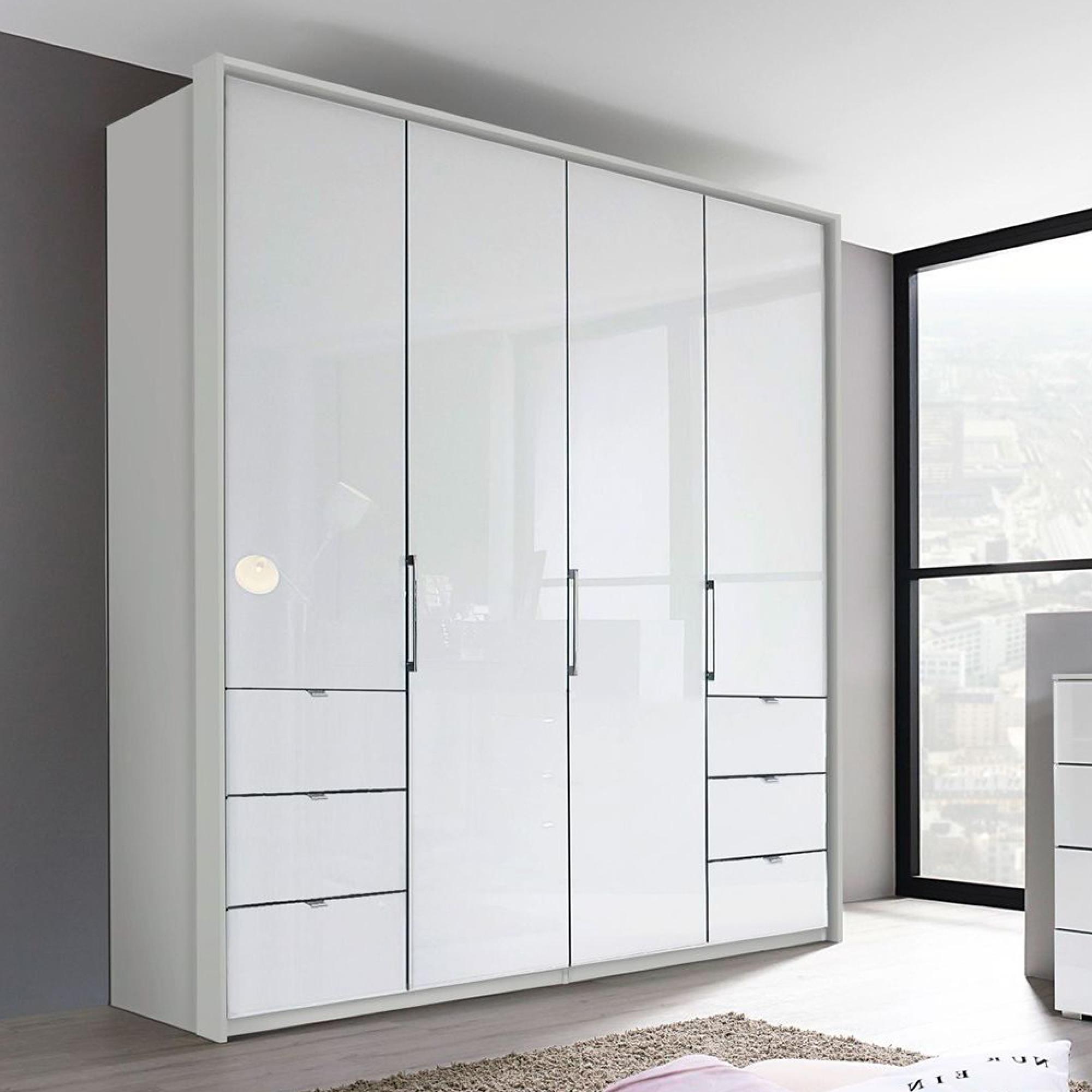 Erimo Wardrobe - 204cm - 4 Door - with 6 Drawer - Silk Grey & Crystal White Glass