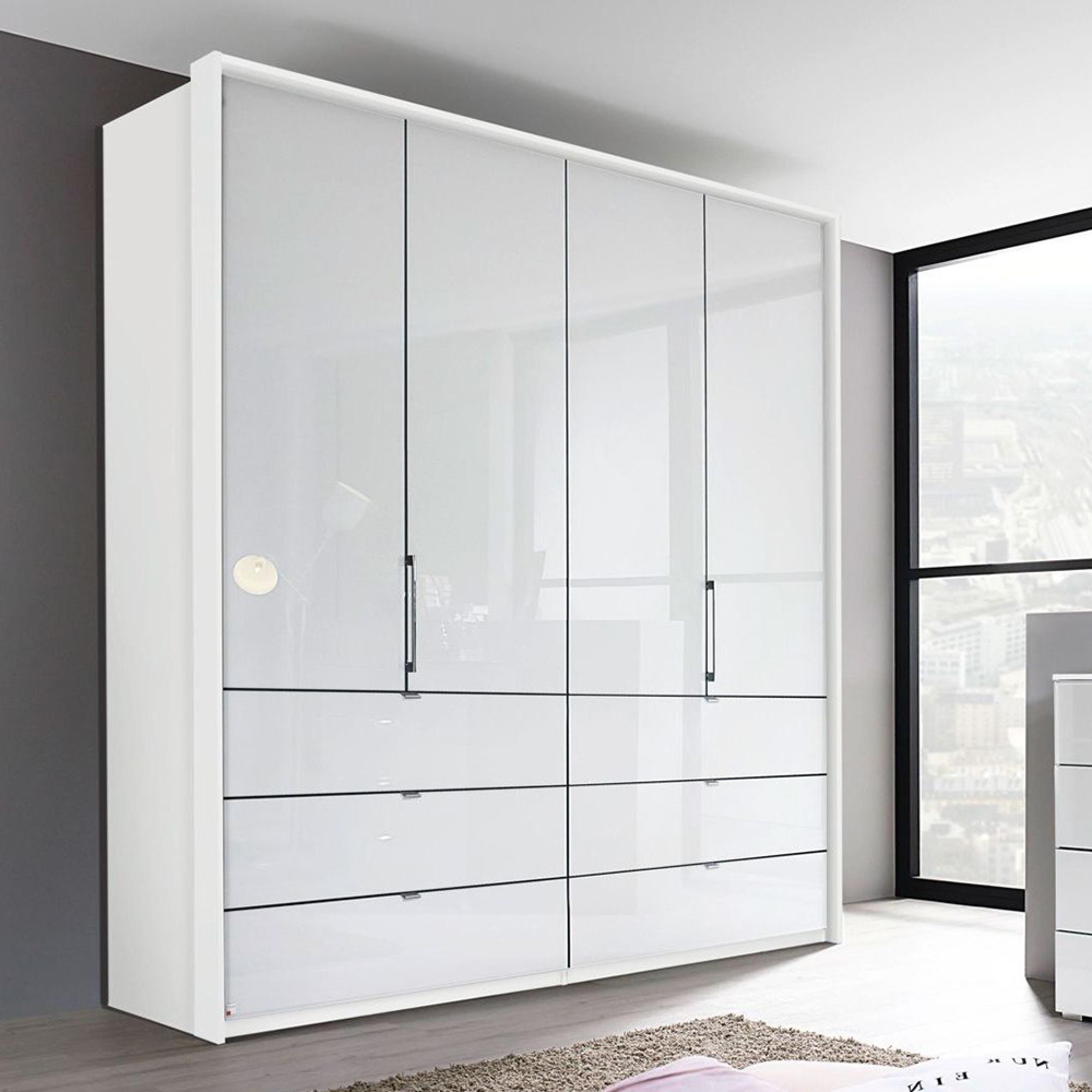 Erimo Wardrobe - 204cm - 4 Door - 6 Drawer - Alpine White & Crystal White Glass