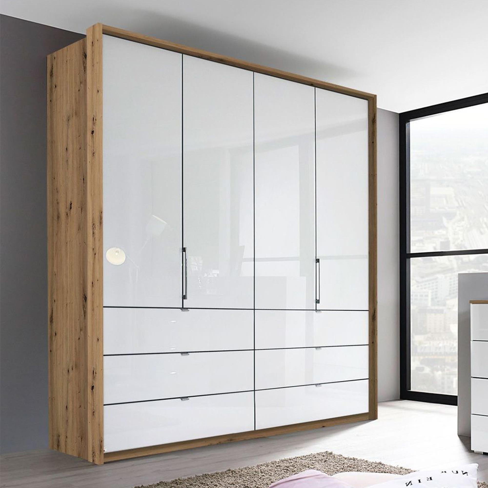 Erimo Wardrobe - 204cm - 4 Door - 6 Drawer - Artisan Oak & Crystal White Glass