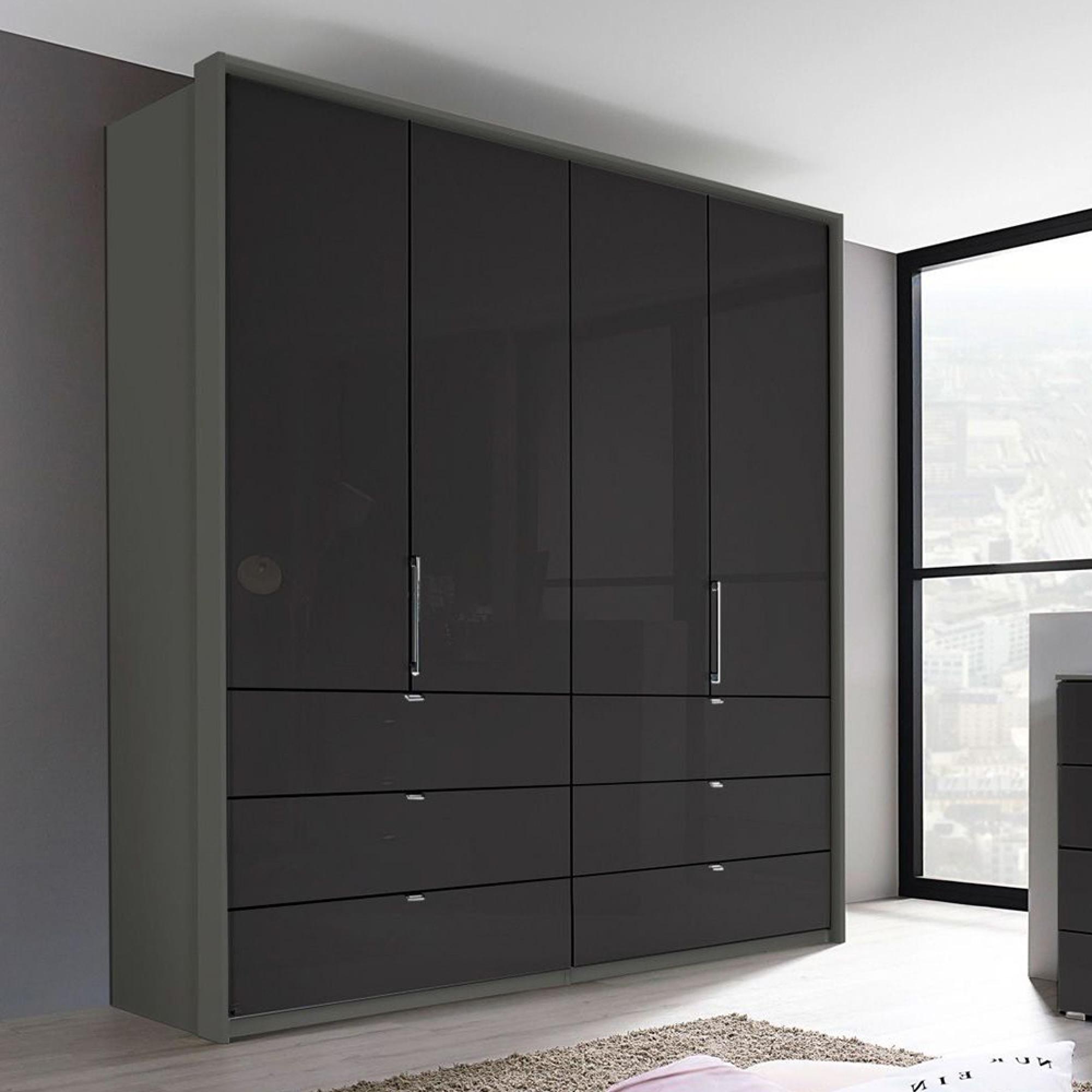 Erimo Wardrobe - 204cm - 4 Door - 6 Drawer - Graphite & Basalt Glass