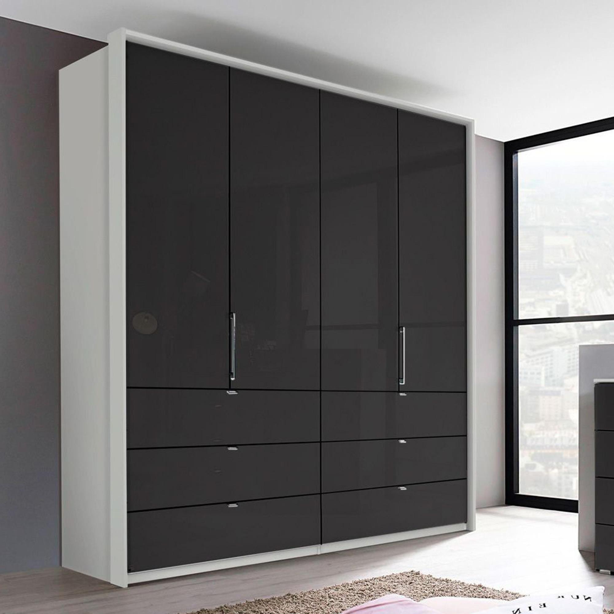 Erimo Wardrobe - 204cm - 4 Door - 6 Drawer - Silk Grey & Basalt Glass