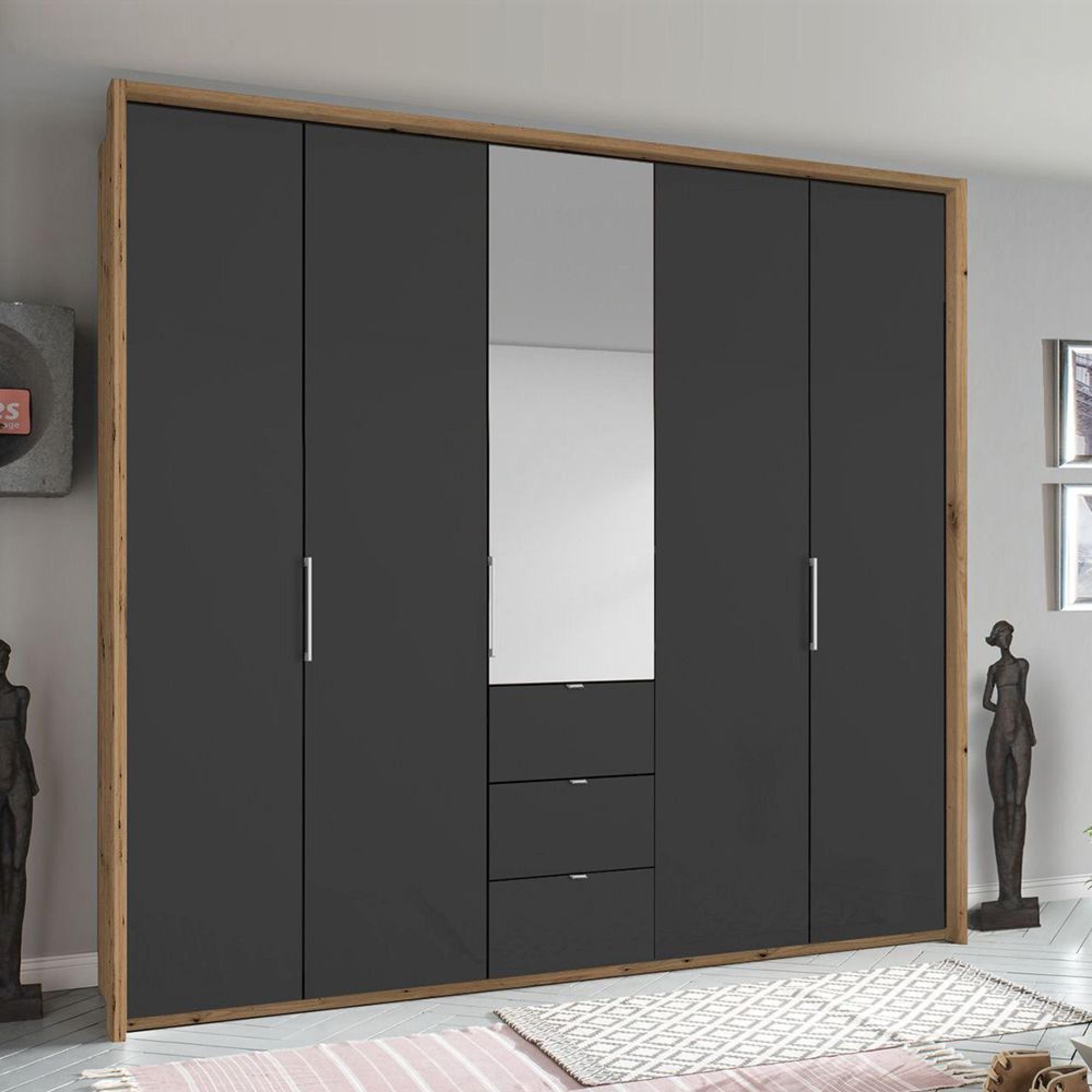 Rauch Erimo 254cm 5 Door Combi Wardrobe with 3 Drawer - Artisan Oak and Basalt Glass