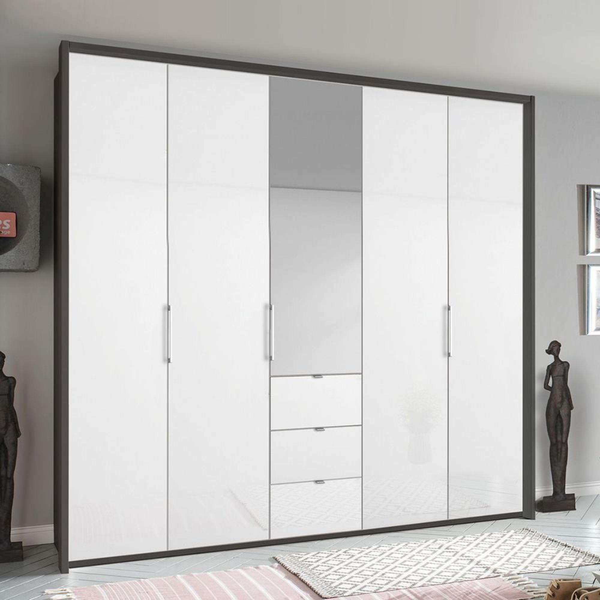 Rauch Erimo 254cm 5 Door Combi Wardrobe with 3 Drawer - Graphite and Crystal White Glass