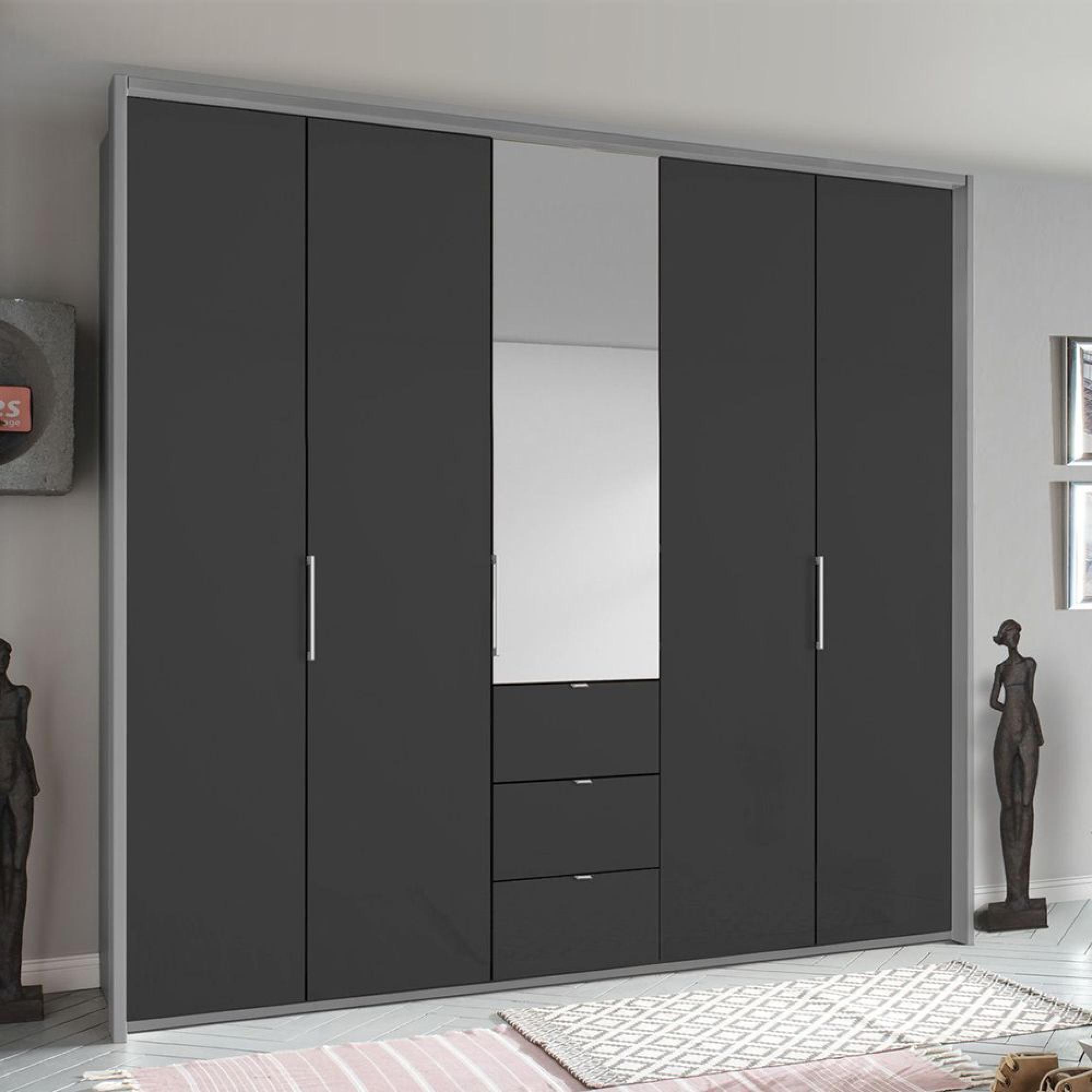 Rauch Erimo 254cm 5 Door Combi Wardrobe with 3 Drawer - Silk Grey and Basalt Glass