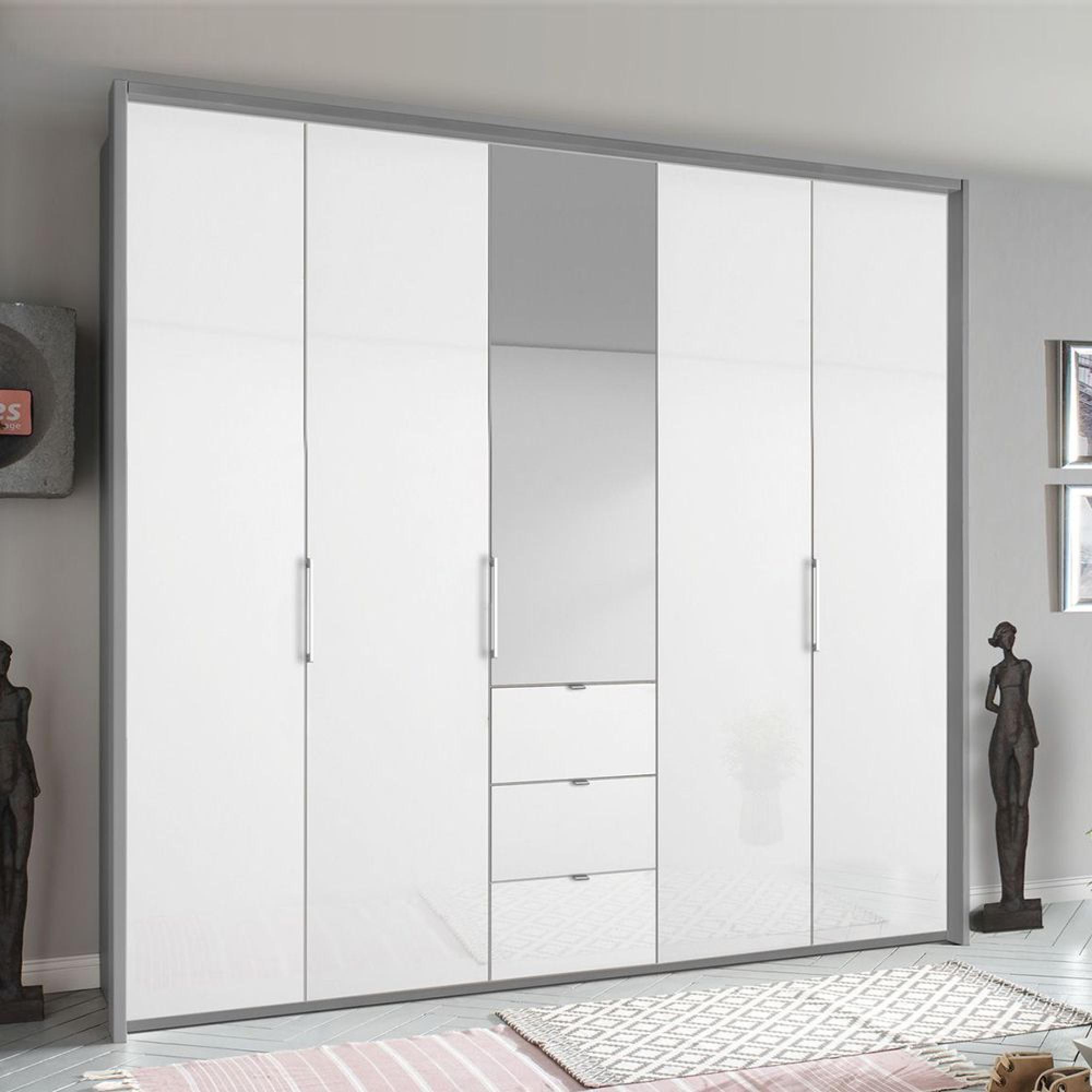 Rauch Erimo 254cm 5 Door Combi Wardrobe with 3 Drawer - Silk Grey and Crystal White Glass