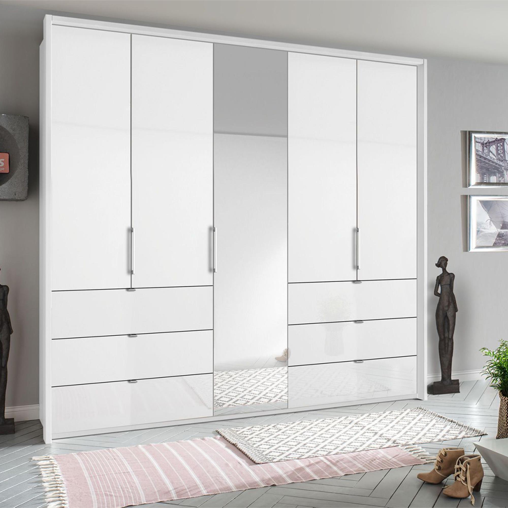 Rauch Erimo 254cm 5 Door Combi Wardrobe with 6 Drawer - Alpine White and Crystal White Glass