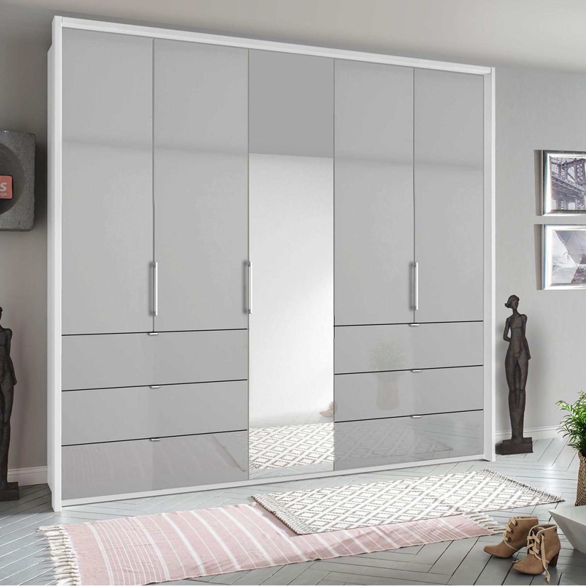 Rauch Erimo 254cm 5 Door Combi Wardrobe with 6 Drawer - Alpine White and Silk Grey Glass