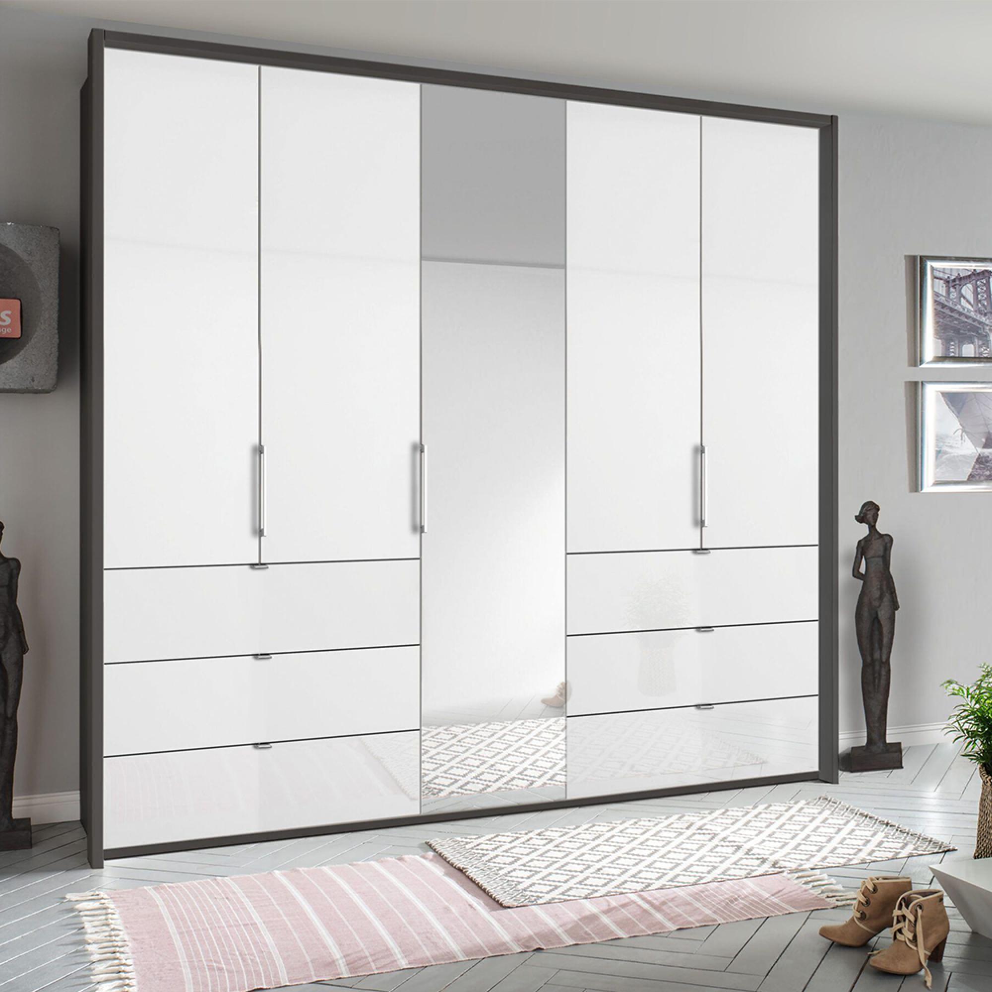 Rauch Erimo 254cm 5 Door Combi Wardrobe with 6 Drawer - Graphite and Crystal White Glass