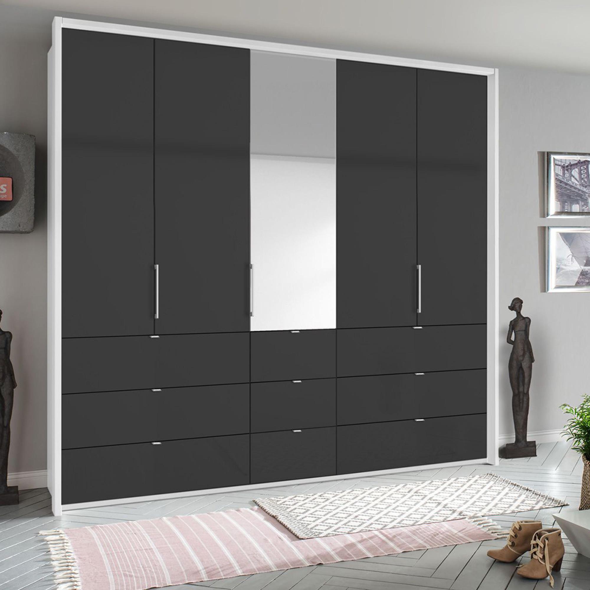 Rauch Erimo 254cm 5 Door Combi Wardrobe with 9 Drawer - Alpine White and Basalt Glass