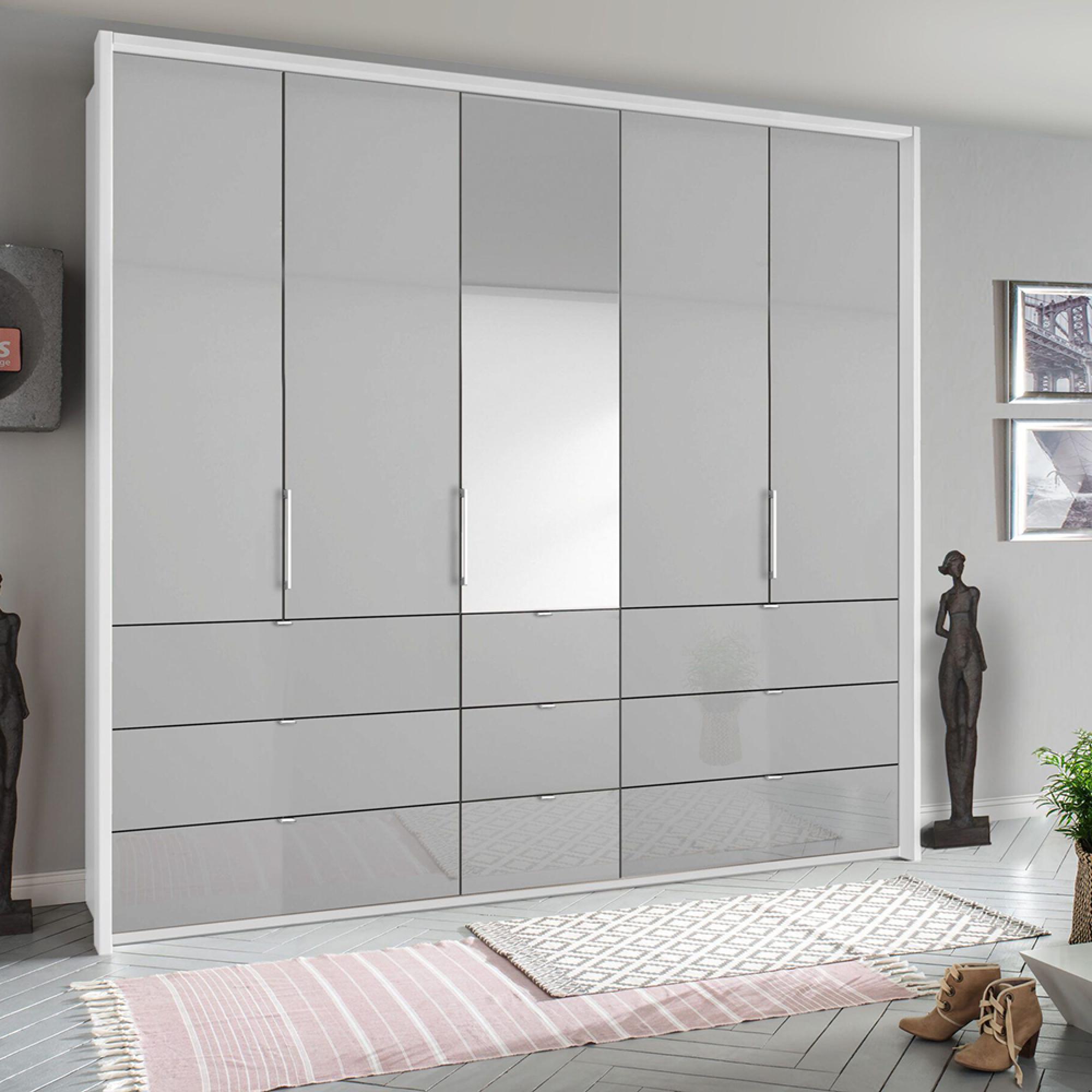 Rauch Erimo 254cm 5 Door Combi Wardrobe with 9 Drawer - Alpine White and Silk Grey Glass