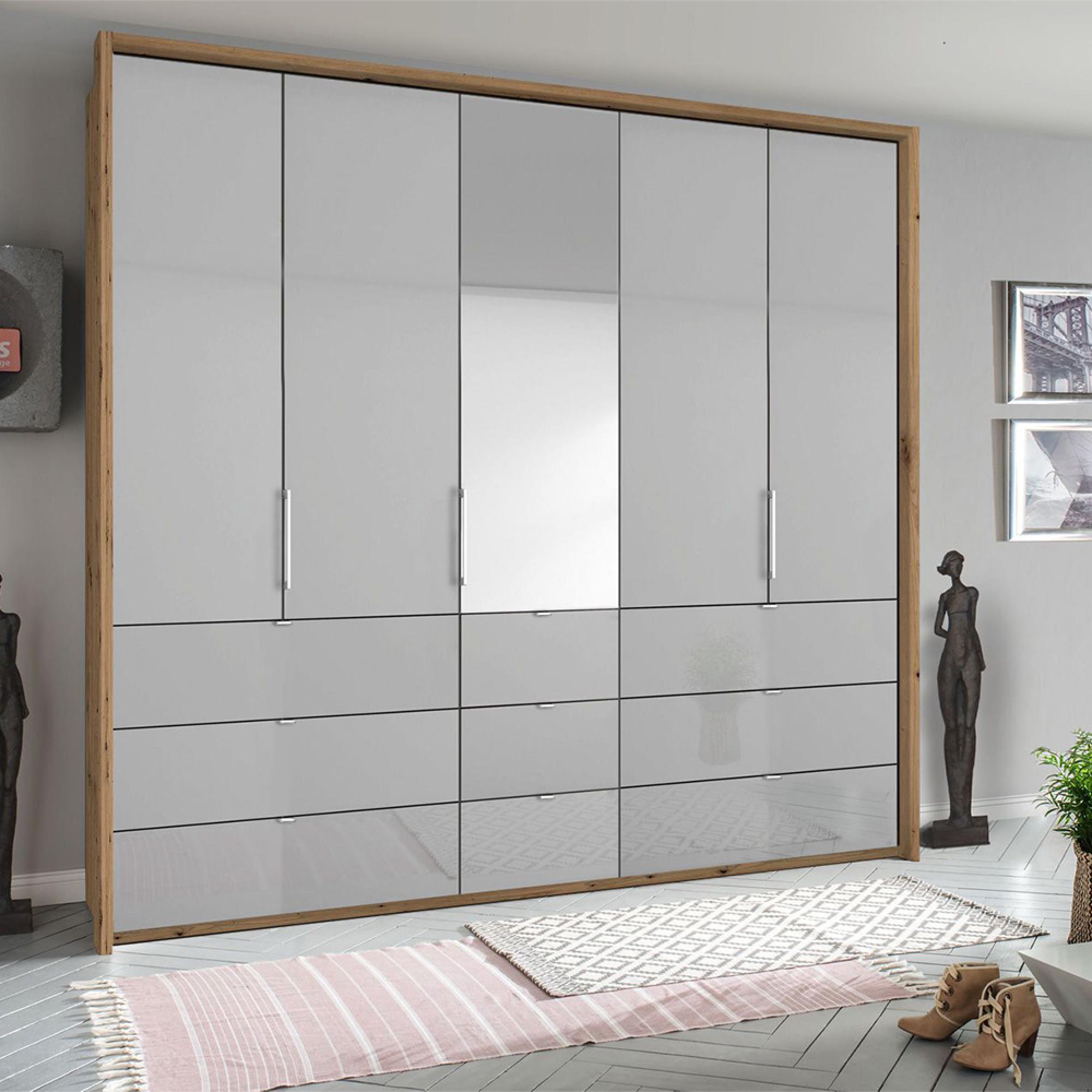Rauch Erimo 254cm 5 Door Combi Wardrobe with 9 Drawer - Artisan Oak and Silk Grey Glass