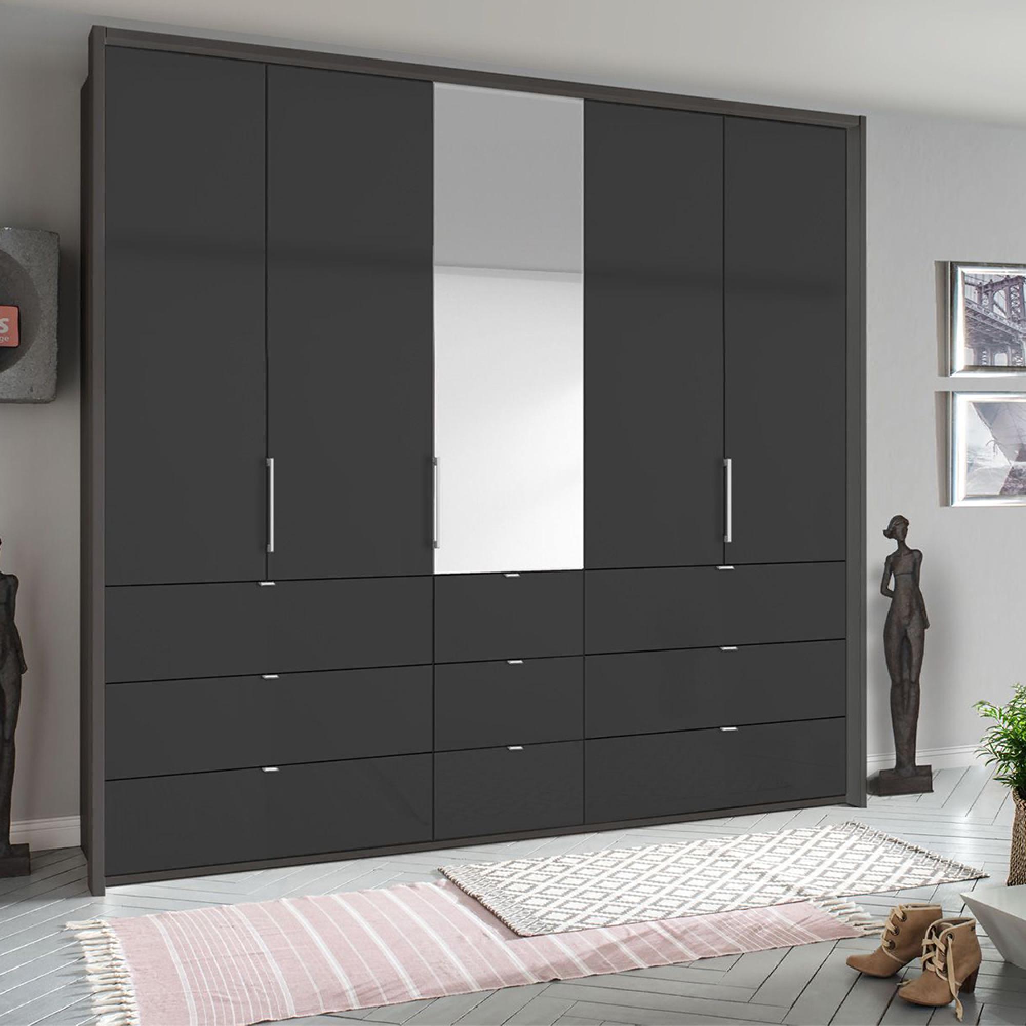 Rauch Erimo 254cm 5 Door Combi Wardrobe with 9 Drawer - Graphite and Basalt Glass