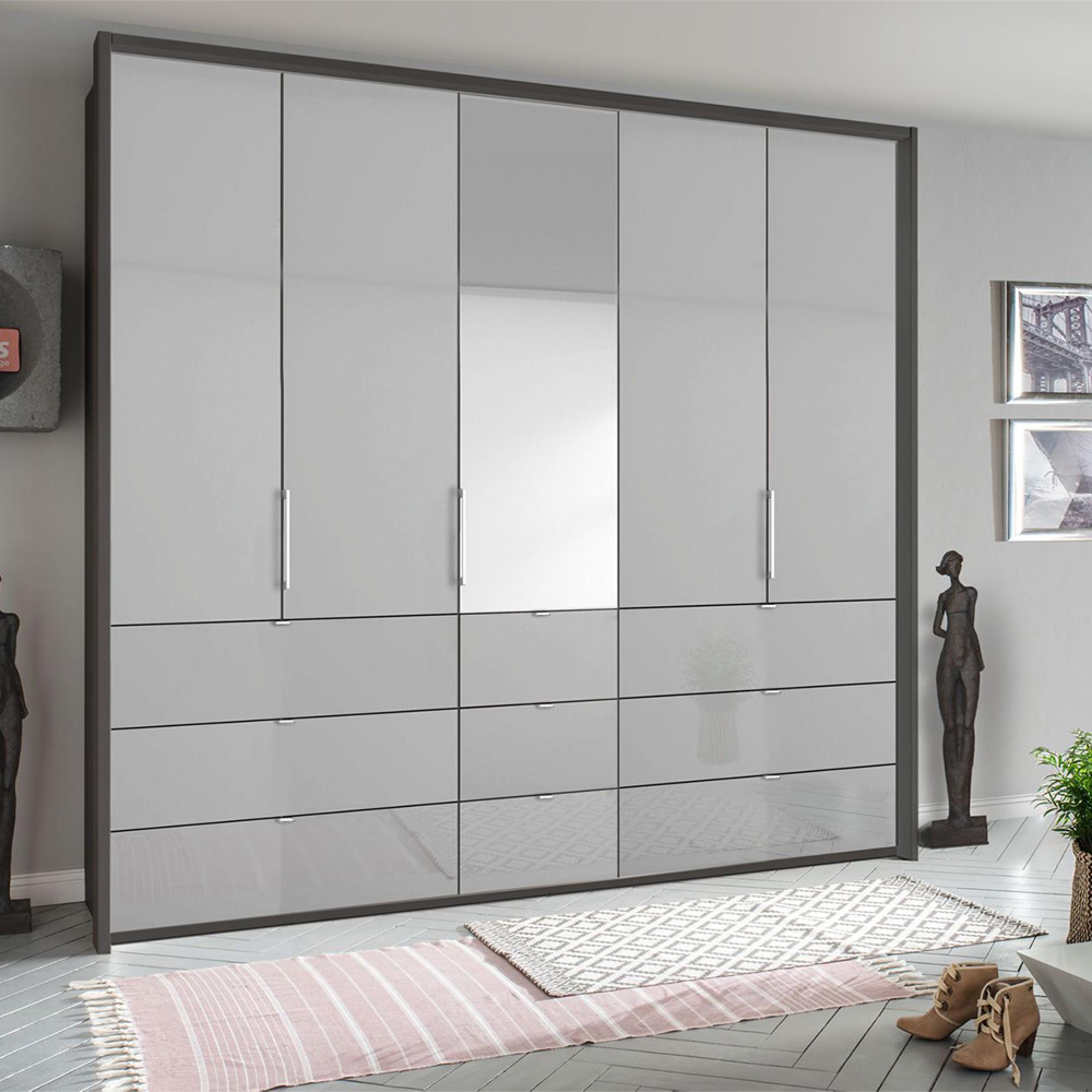 Rauch Erimo 254cm 5 Door Combi Wardrobe with 9 Drawer - Graphite and Silk Grey Glass