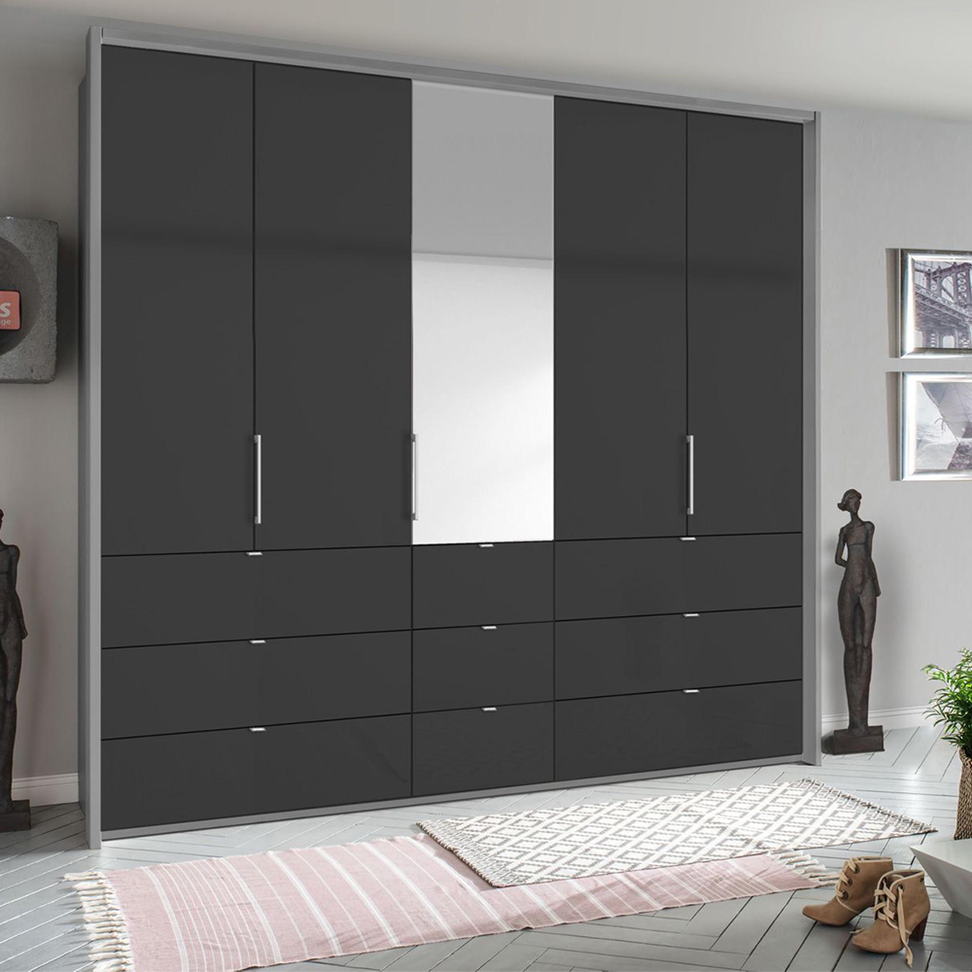Rauch Erimo 254cm 5 Door Combi Wardrobe with 9 Drawer - Silk Grey and Basalt Glass