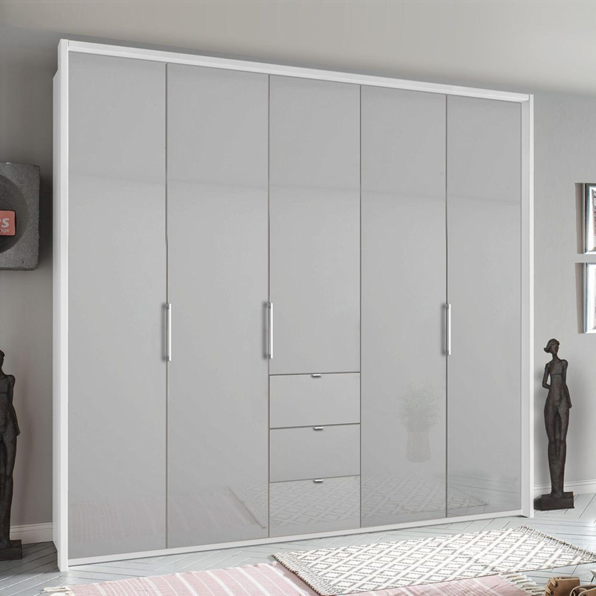 Rauch Erimo 254cm 5 Door Wardrobe with 3 Drawer - Alpine White and Silk Grey Glass