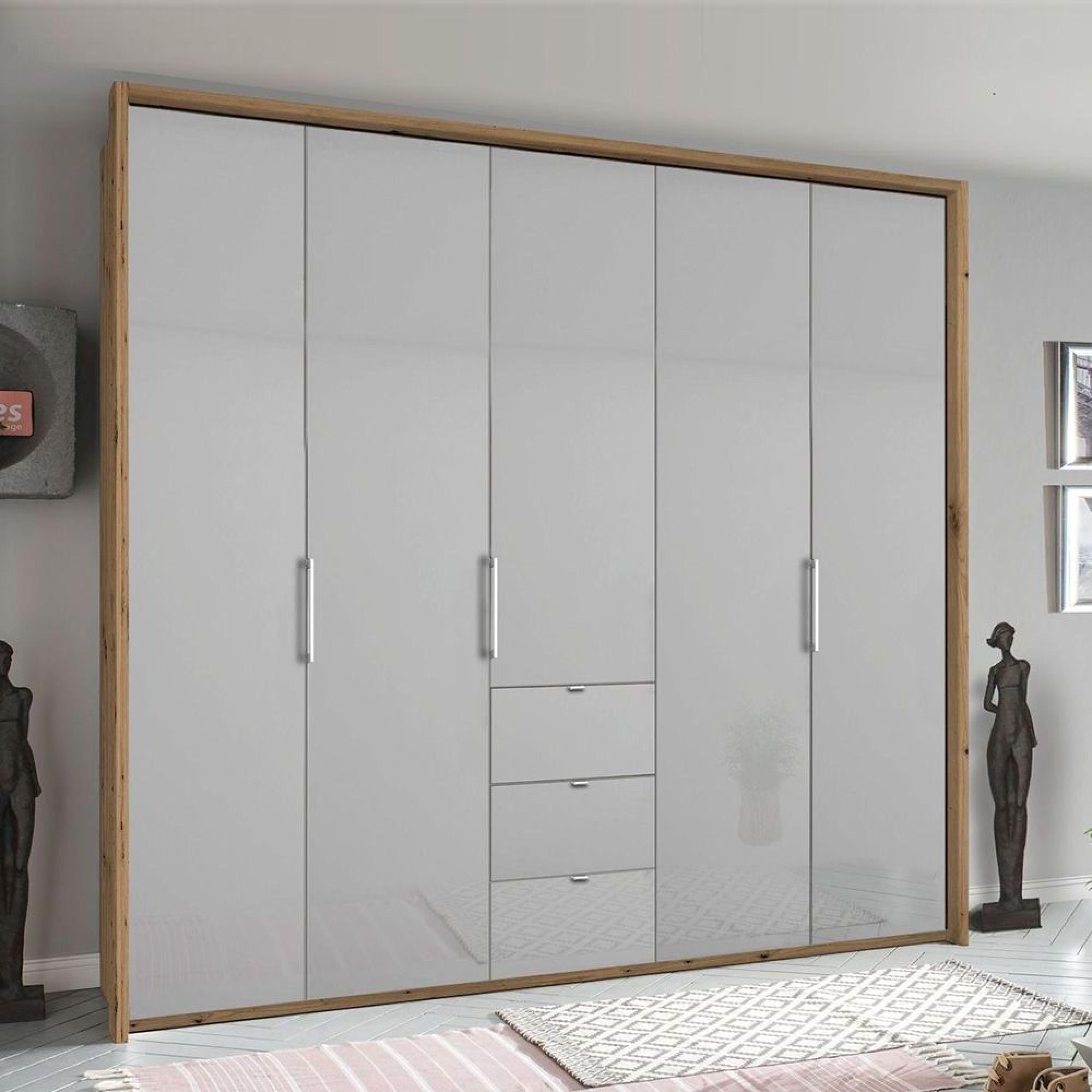 Rauch Erimo 254cm 5 Door Wardrobe with 3 Drawer - Artisan Oak and Silk Grey Glass