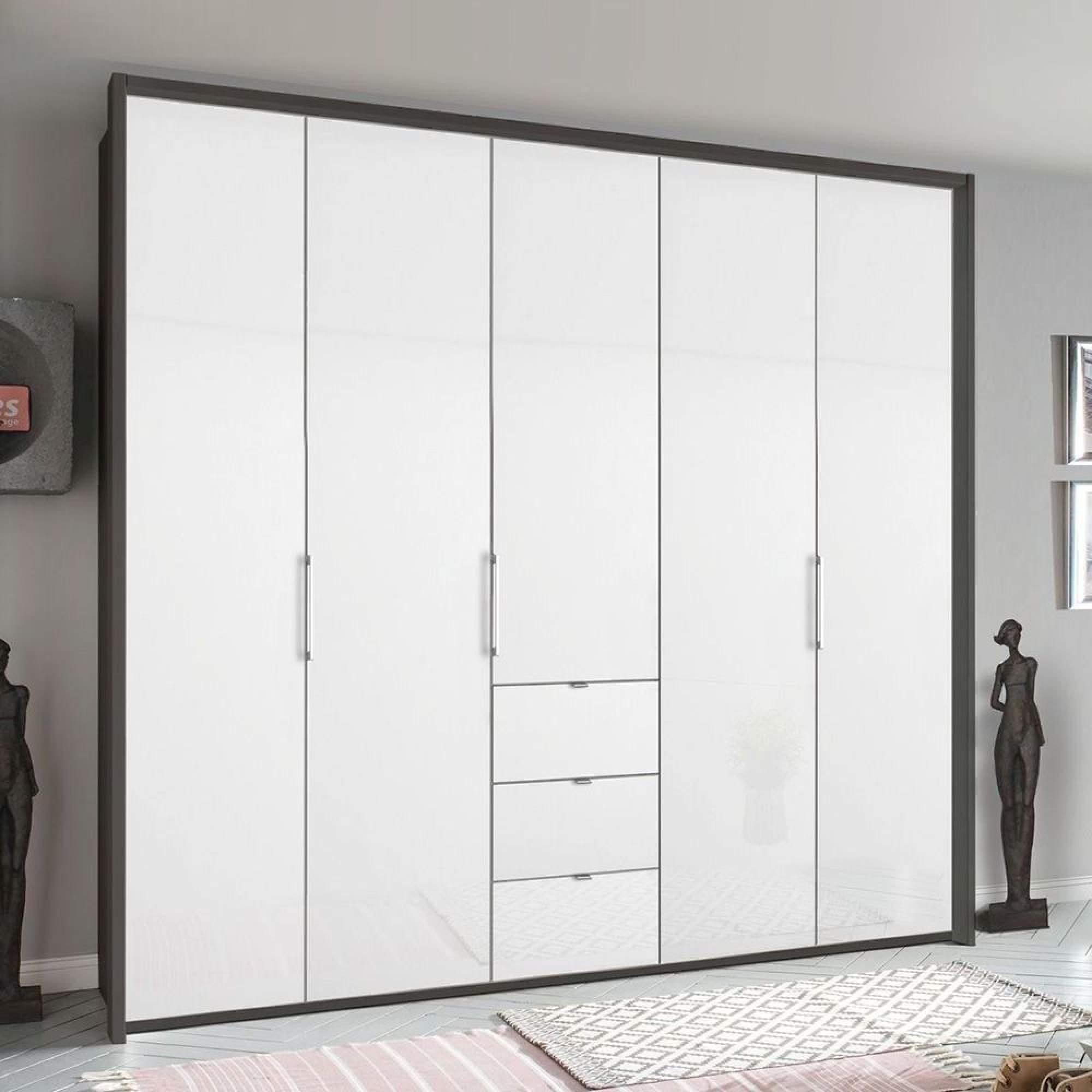 Rauch Erimo 254cm 5 Door Wardrobe with 3 Drawer - Graphite and Crystal White Glass