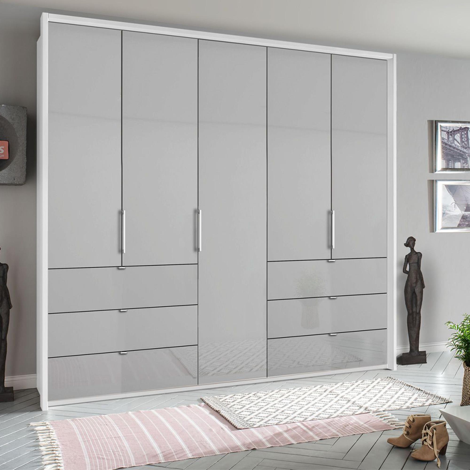 Erimo Wardrobe - 254cm - 5 Door - 6 Drawer - Alpine White & Silk Grey Glass