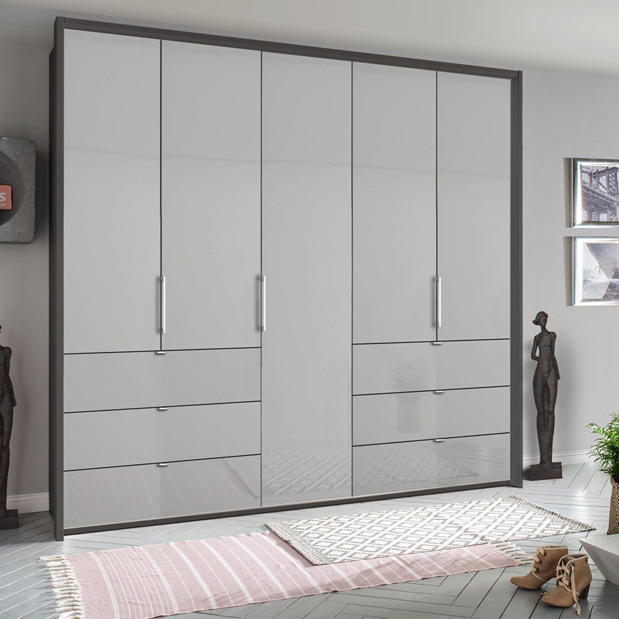 Erimo Wardrobe - 254cm - 5 Door - 6 Drawer - Graphite & Silk Grey Glass