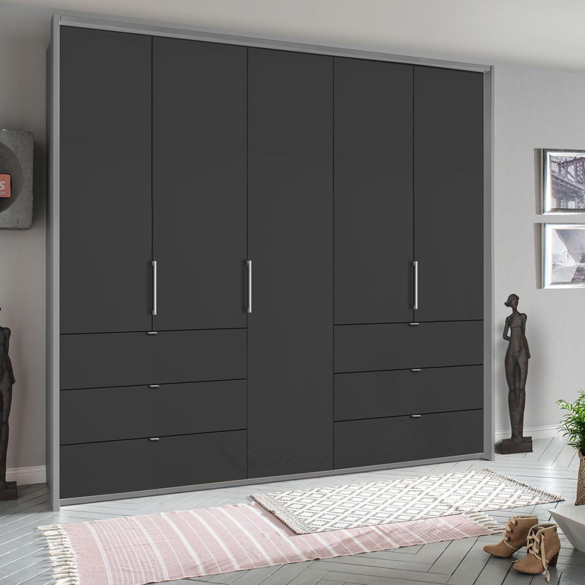 Erimo Wardrobe - 254cm - 5 Door - 6 Drawer - Silk Grey & Basalt Glass