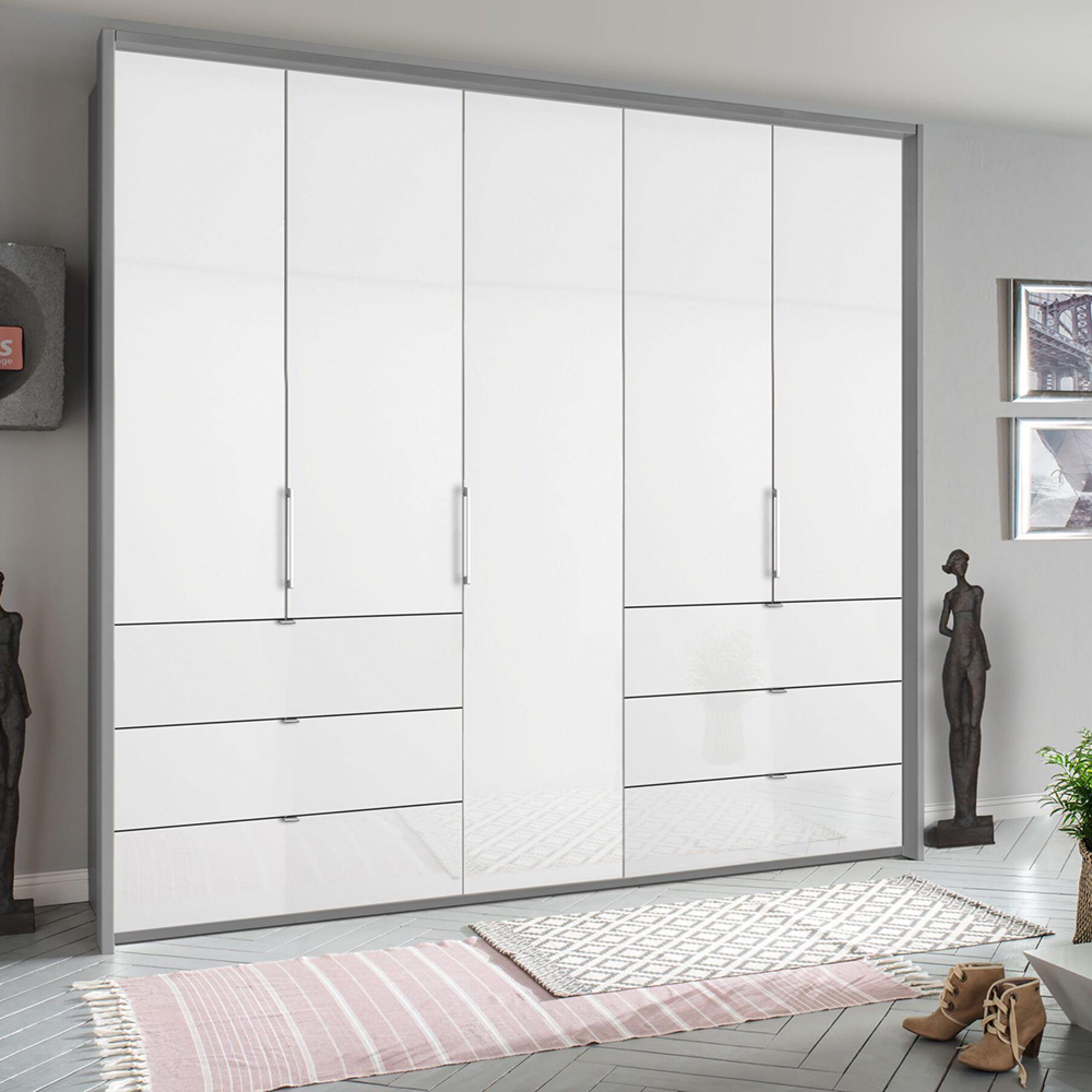 Erimo Wardrobe - 254cm - 5 Door - 6 Drawer - Silk Grey & Crystal White Glass