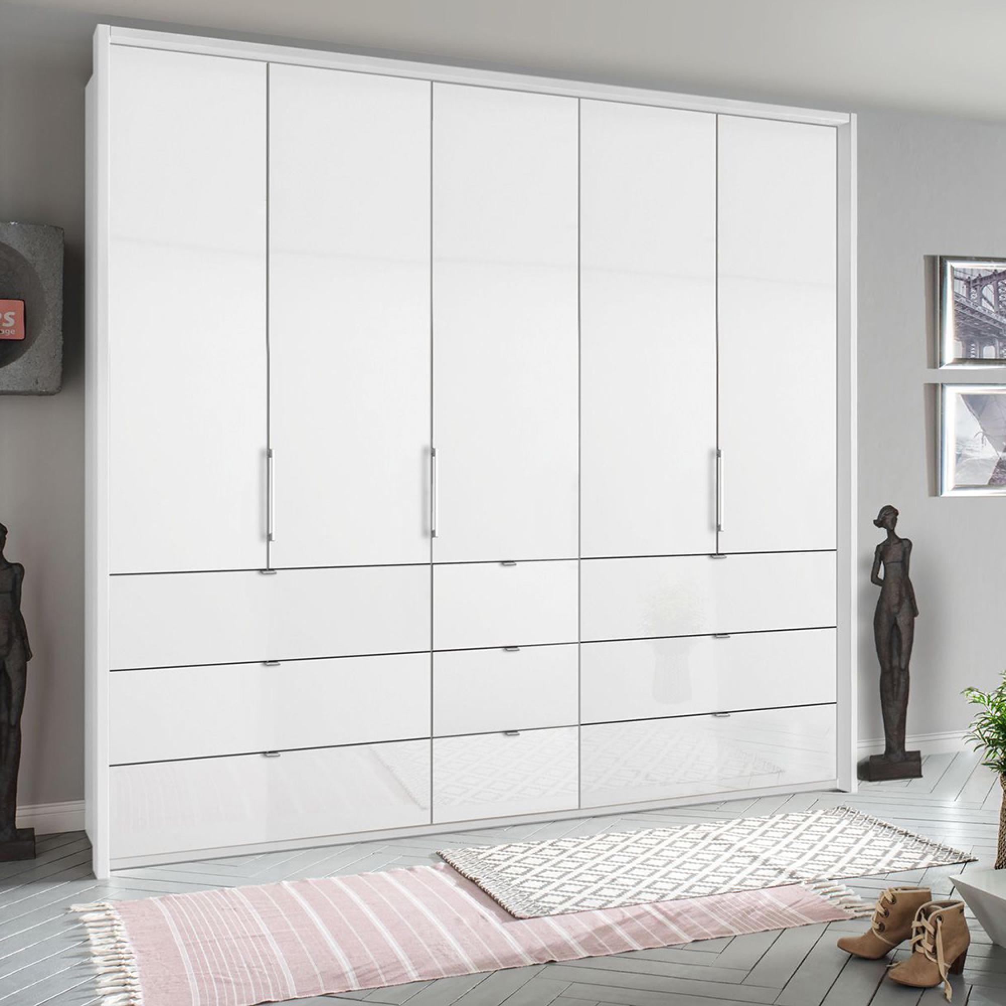 Rauch Erimo 254cm 5 Door Wardrobe with 9 Drawer - Alpine White and Crystal White Glass