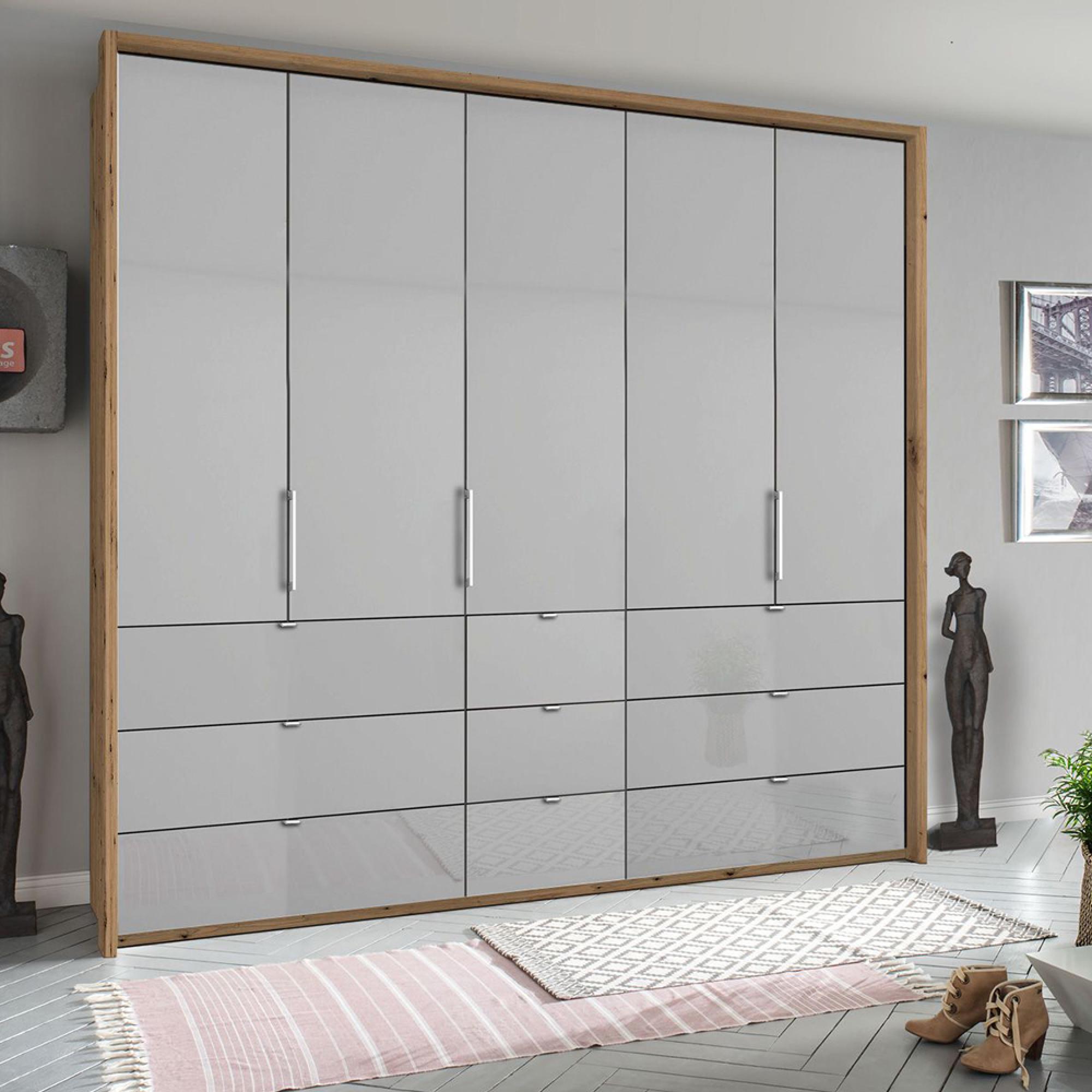 Rauch Erimo 254cm 5 Door Wardrobe with 9 Drawer - Artisan Oak and Silk Grey Glass