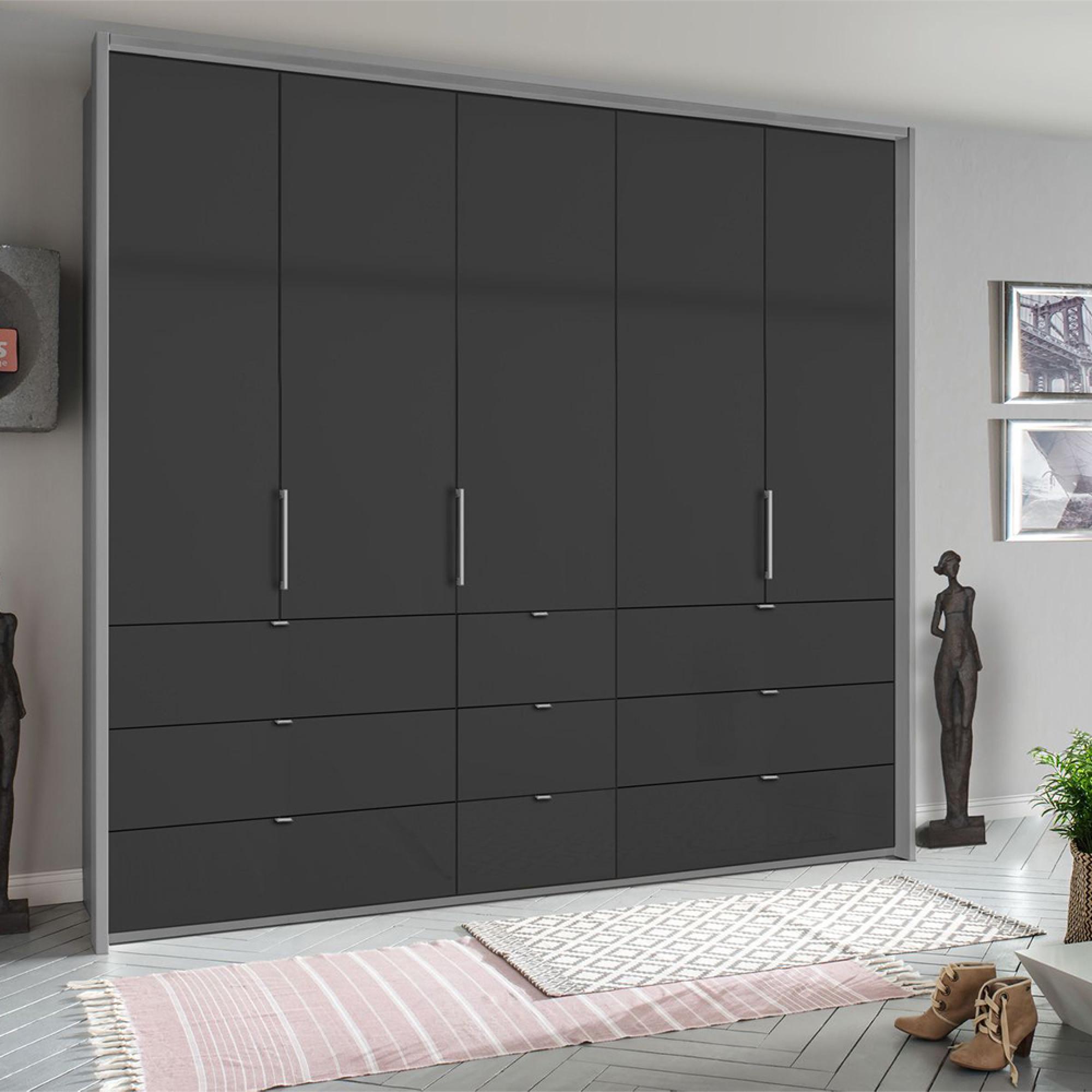 Rauch Erimo 254cm 5 Door Wardrobe with 9 Drawer - Silk Grey and Basalt Glass