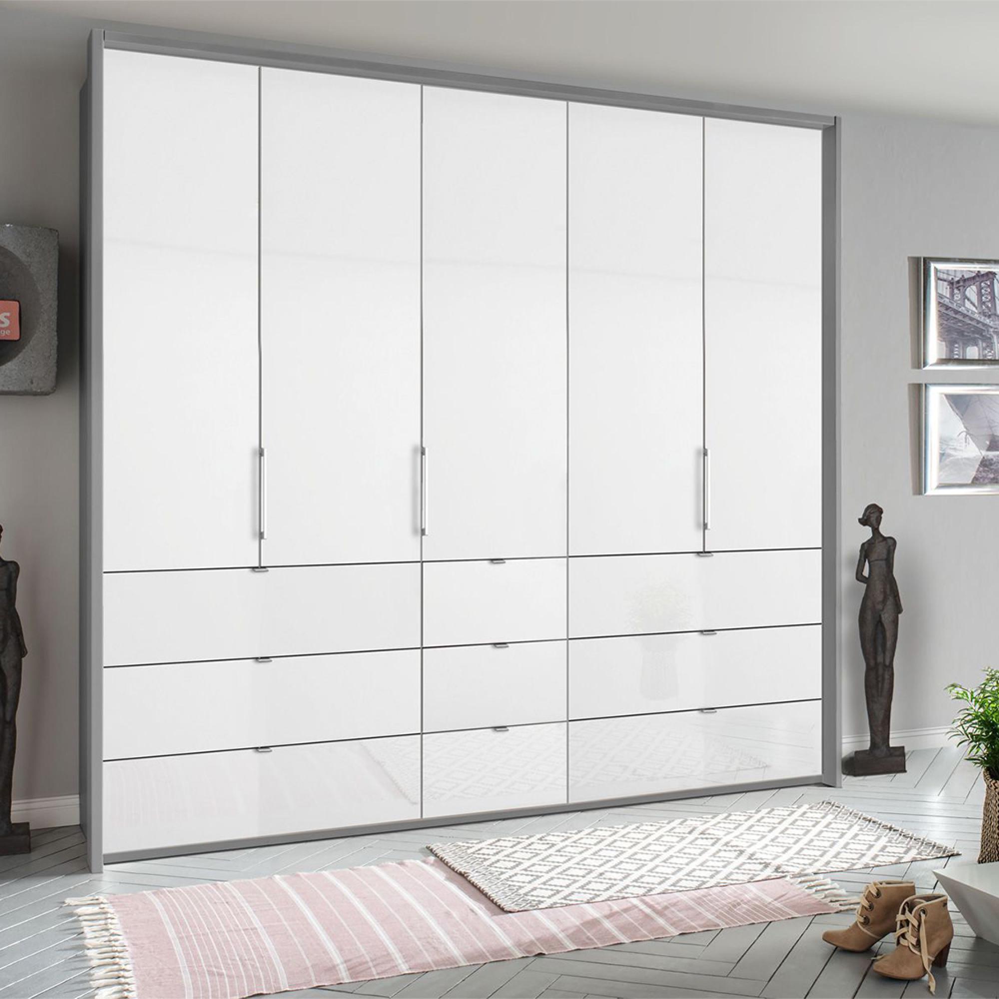 Rauch Erimo 254cm 5 Door Wardrobe with 9 Drawer - Silk Grey and Crystal White Glass