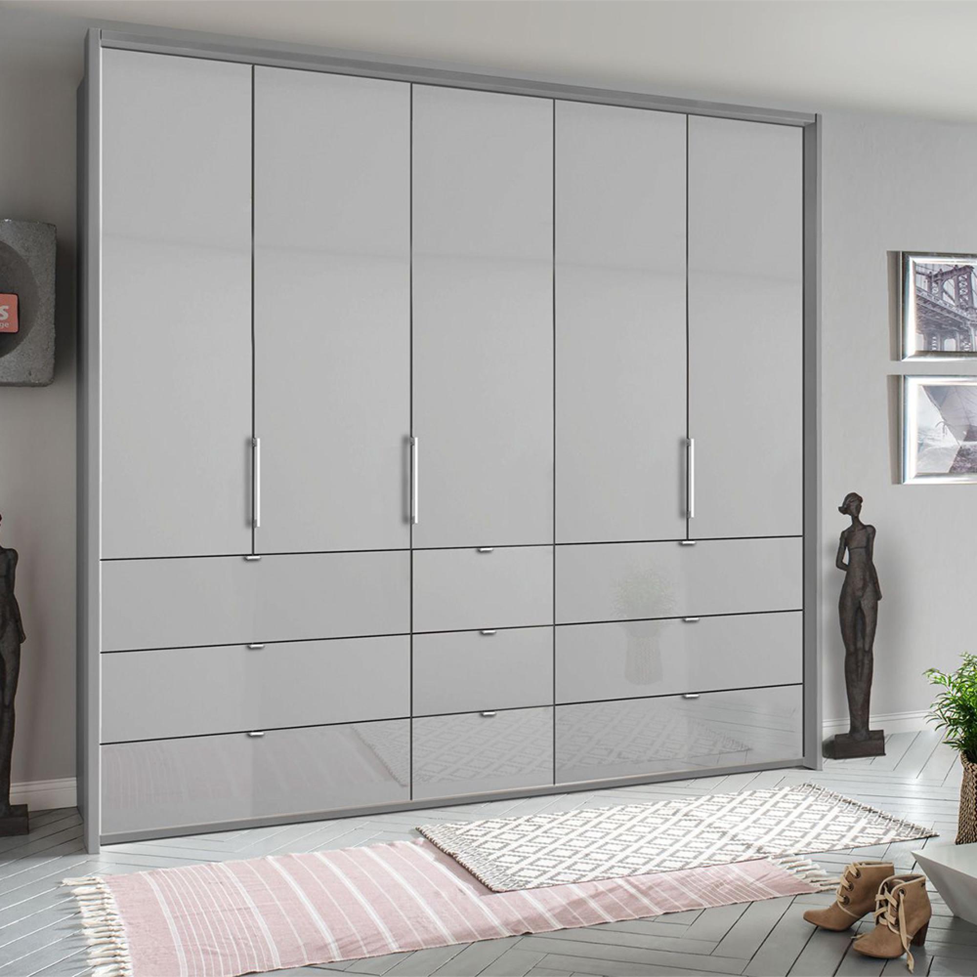 Rauch Erimo 254cm 5 Door Wardrobe with 9 Drawer - Silk Grey and Silk Grey Glass
