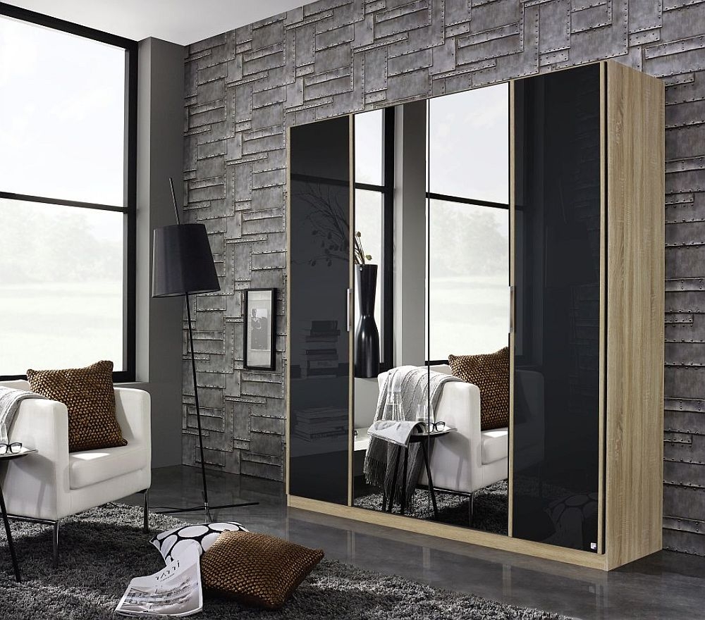 Rauch Essensa 181cm Basalt Glass 4 Door Mirror Wardrobe - Oak Carcase