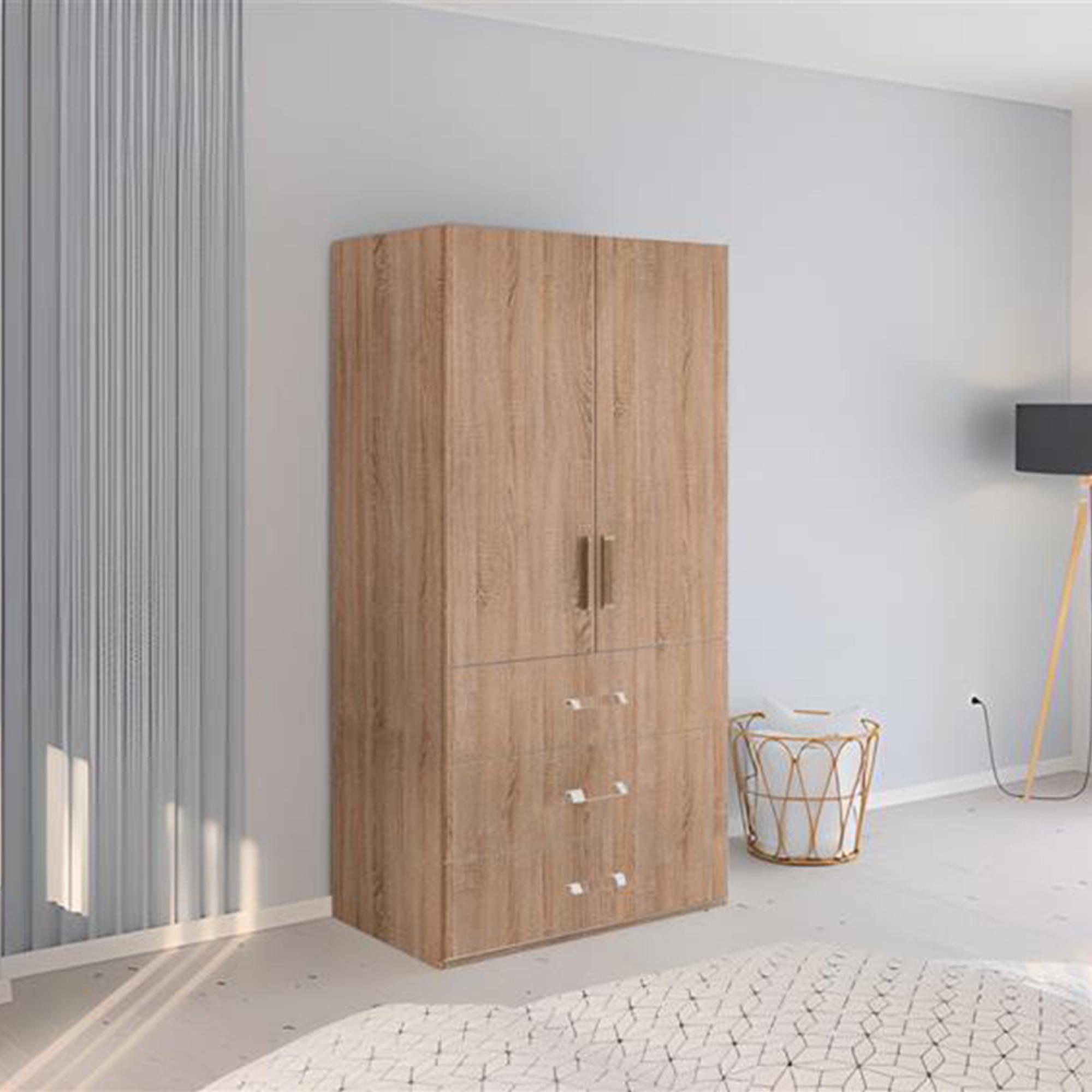 Evelyn Wardrobe - 101cm - 2 Door - H 197cm - with Drawer - Sonoma Oak