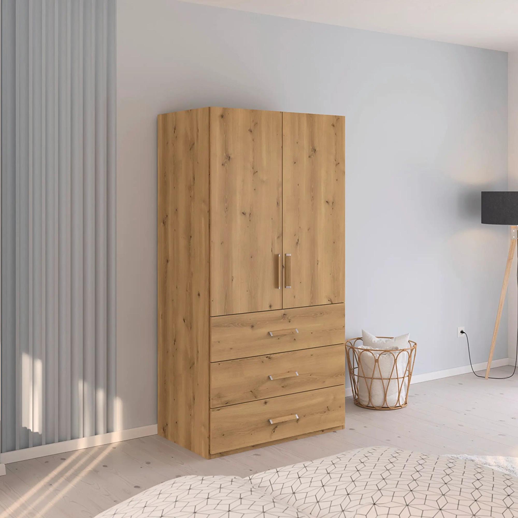 Evelyn Wardrobe - 101cm - 2 Door - H 197cm - with Drawer - Wild Oak
