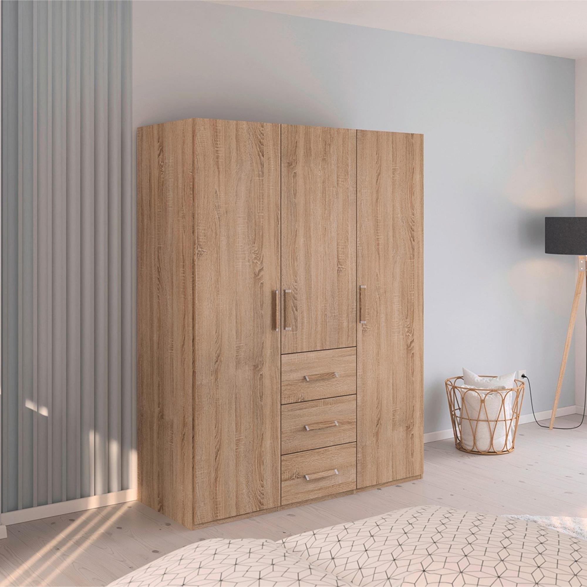 Evelyn Wardrobe - 151cm - 3 Door - H 197cm - with Drawer - Sonoma Oak