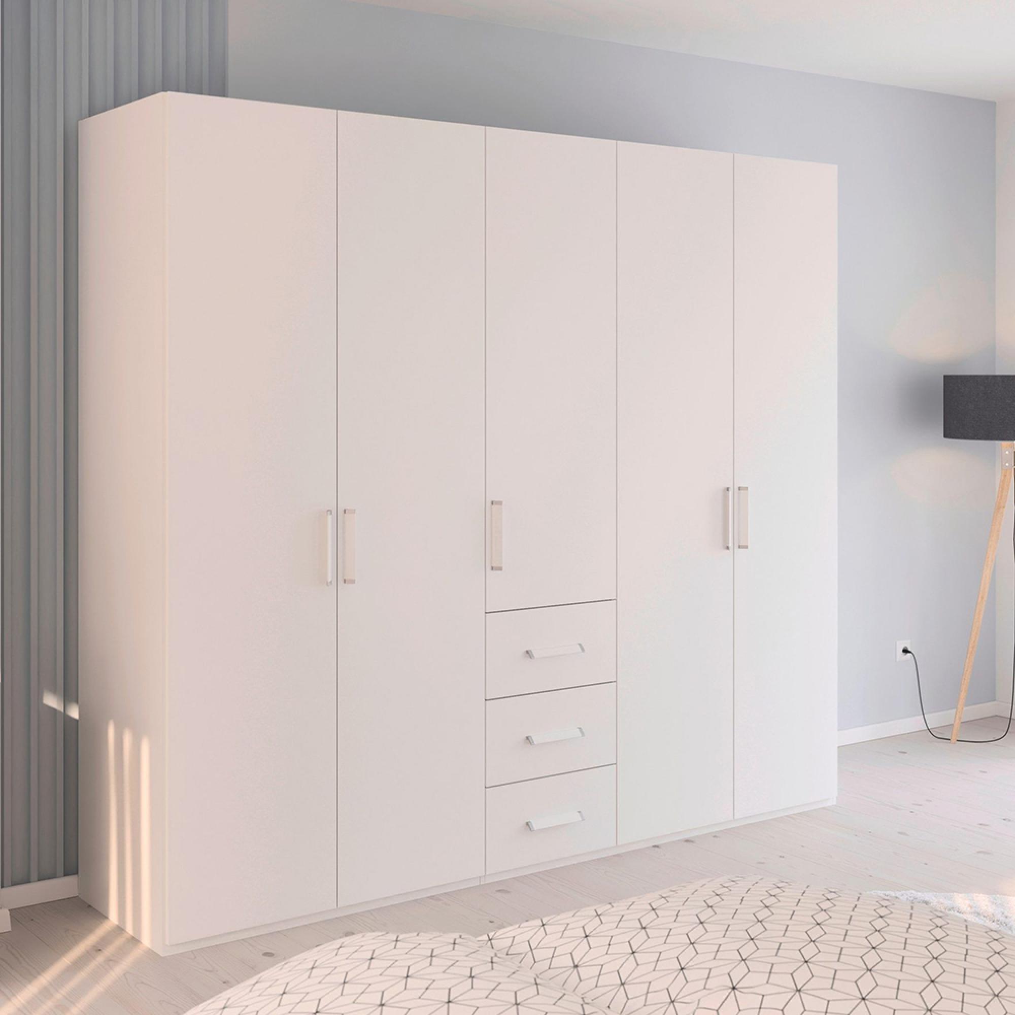 Evelyn Wardrobe - 251cm - 5 Door - H 223cm - with Drawer - Alpine White