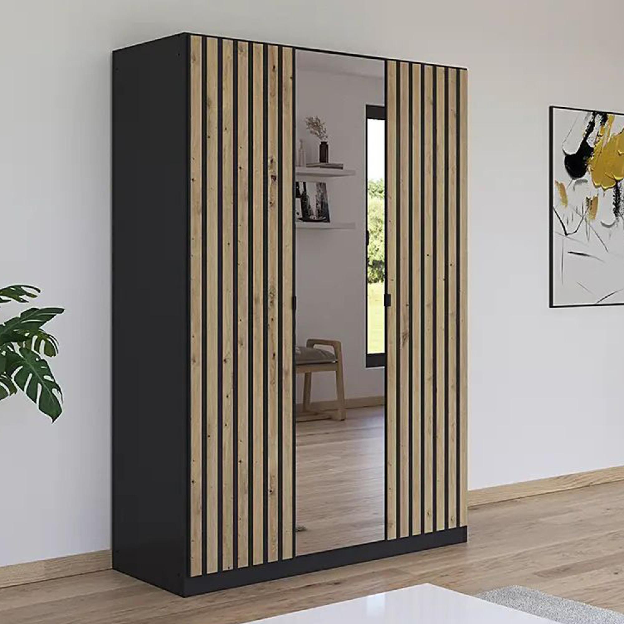 Rauch Genua 136cm 3 Door Wardrobe with Mirror - Metallic Dark Grey and Artisan Oak