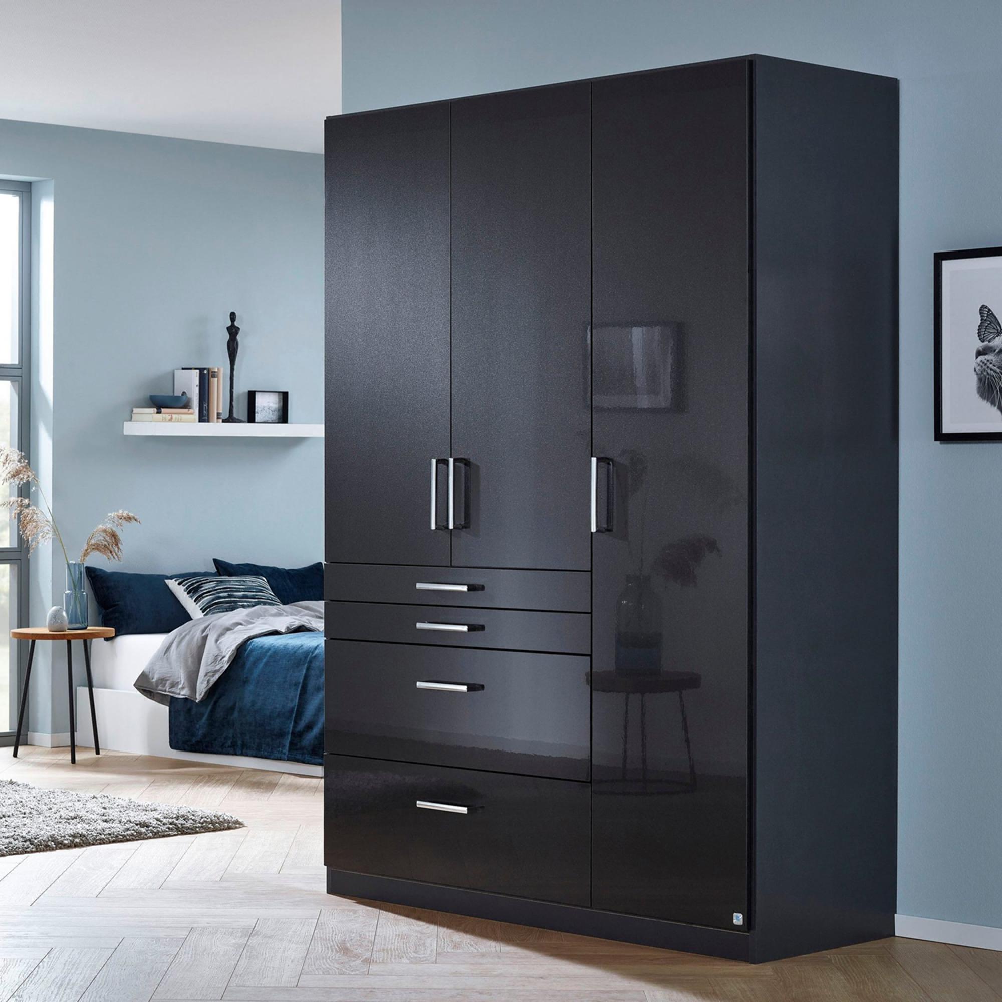 Rauch Homburg 136cm 3 Door Wardrobe with Drawer - Metallic Dark Grey and High Gloss Grey