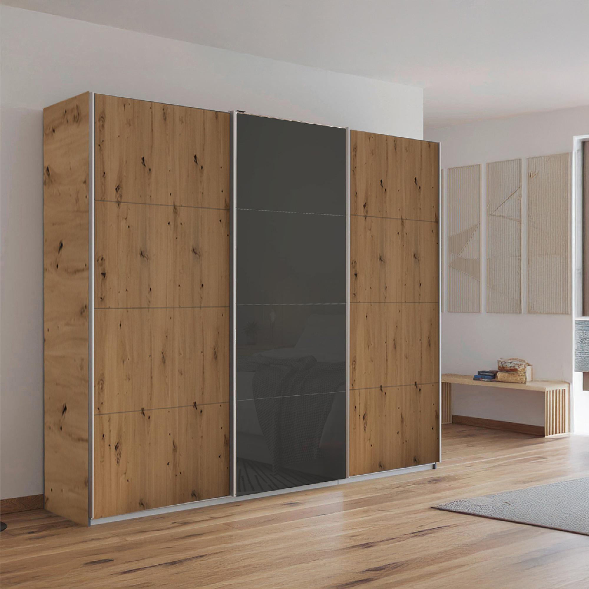 Kulmbach Sliding Wardrobe 203cm 3 Door Artisan Oak Basalt Glass Front