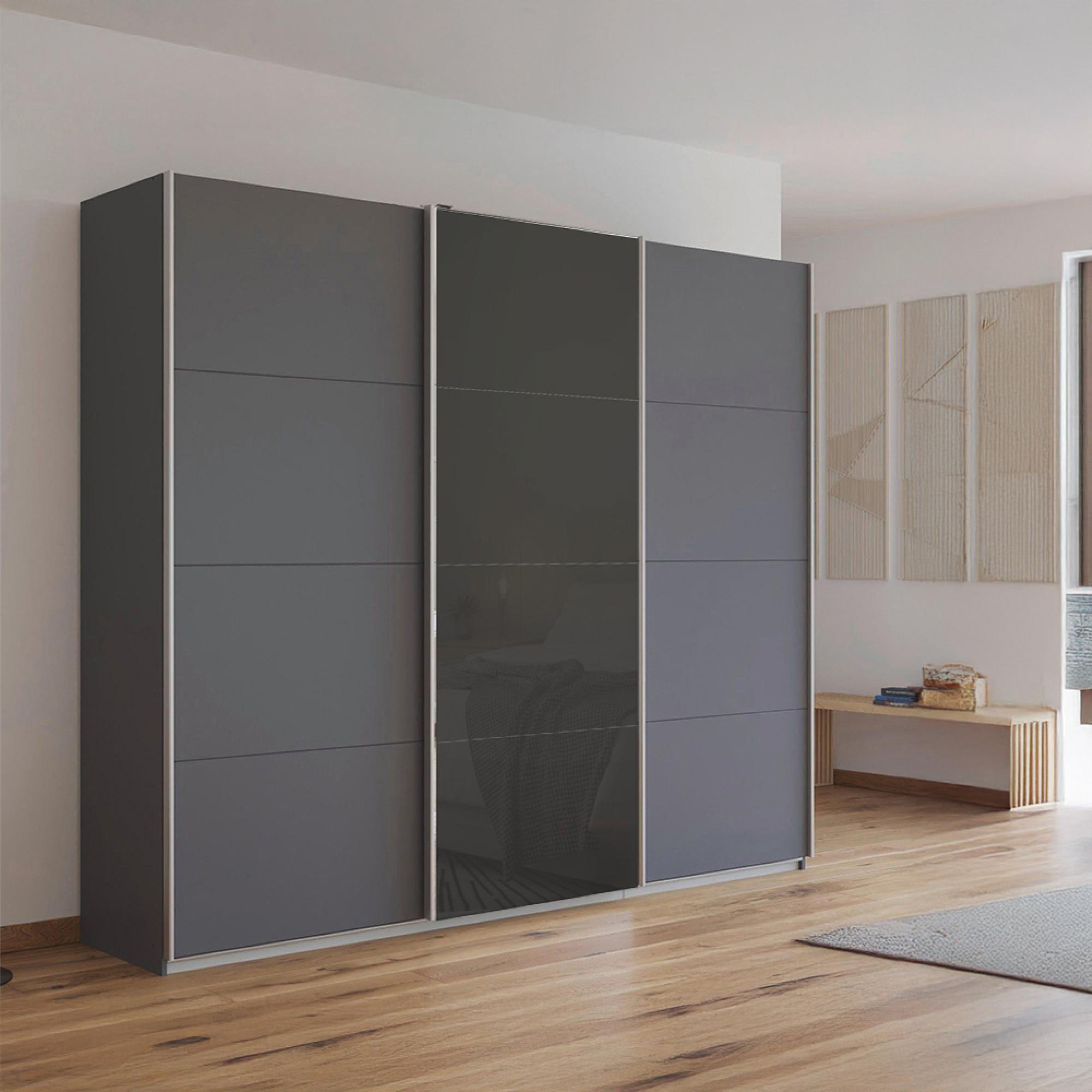 Kulmbach Sliding Wardrobe 203cm 3 Door Metallic Dark Grey Basalt Glass Front