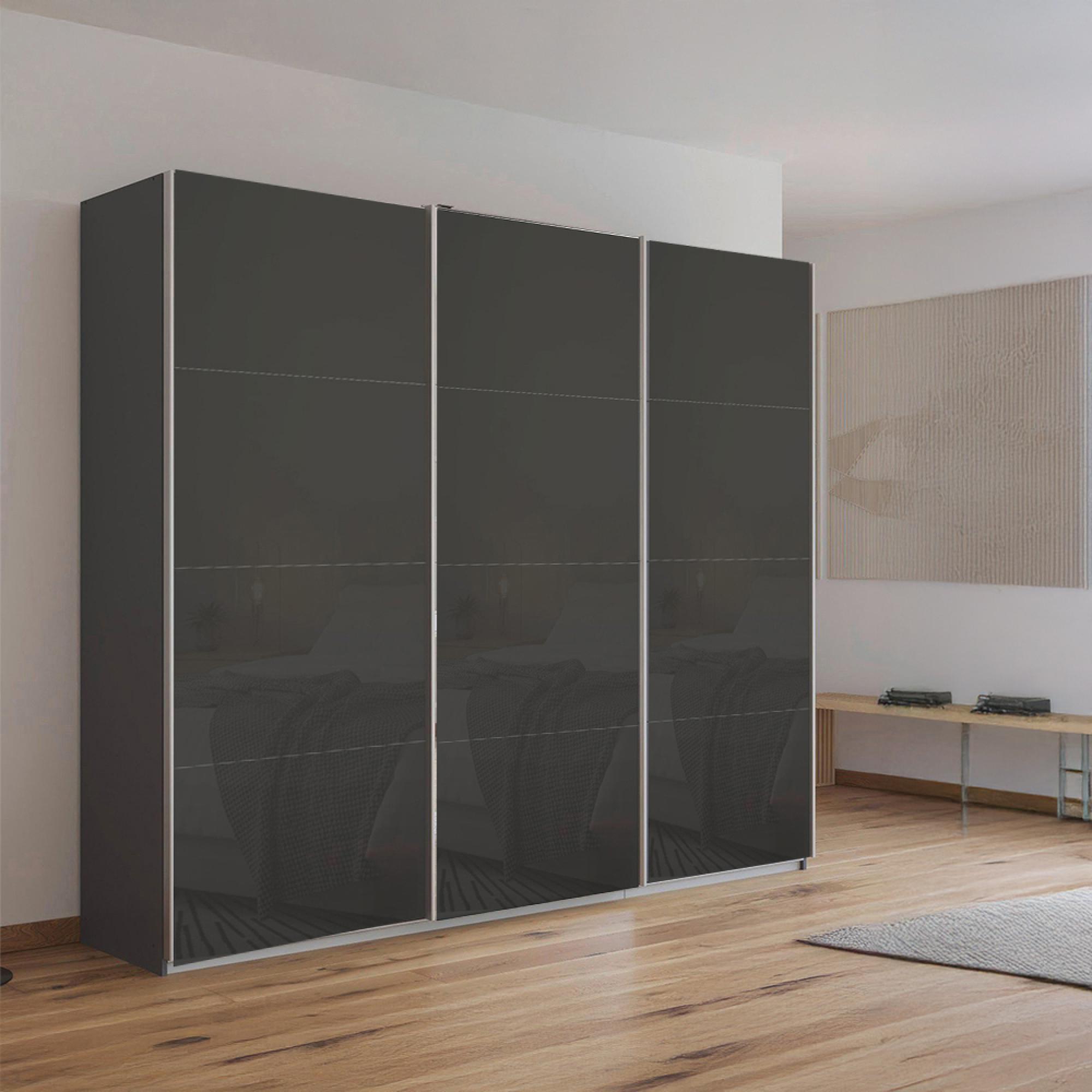 Kulmbach Sliding Wardrobe 203cm 3 Door Metallic Dark Grey Basalt Glass