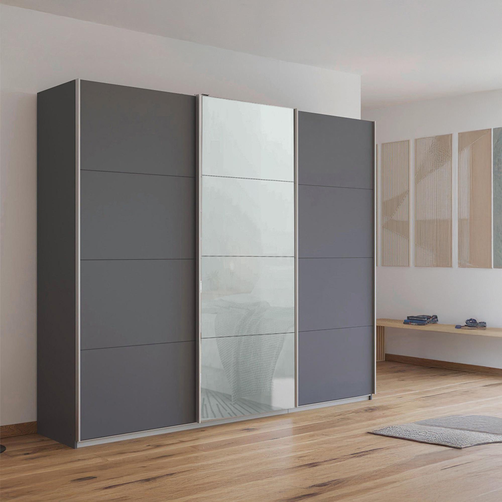 Kulmbach Sliding Wardrobe 203cm 3 Door Metallic Dark Grey Silk Grey Glass Front