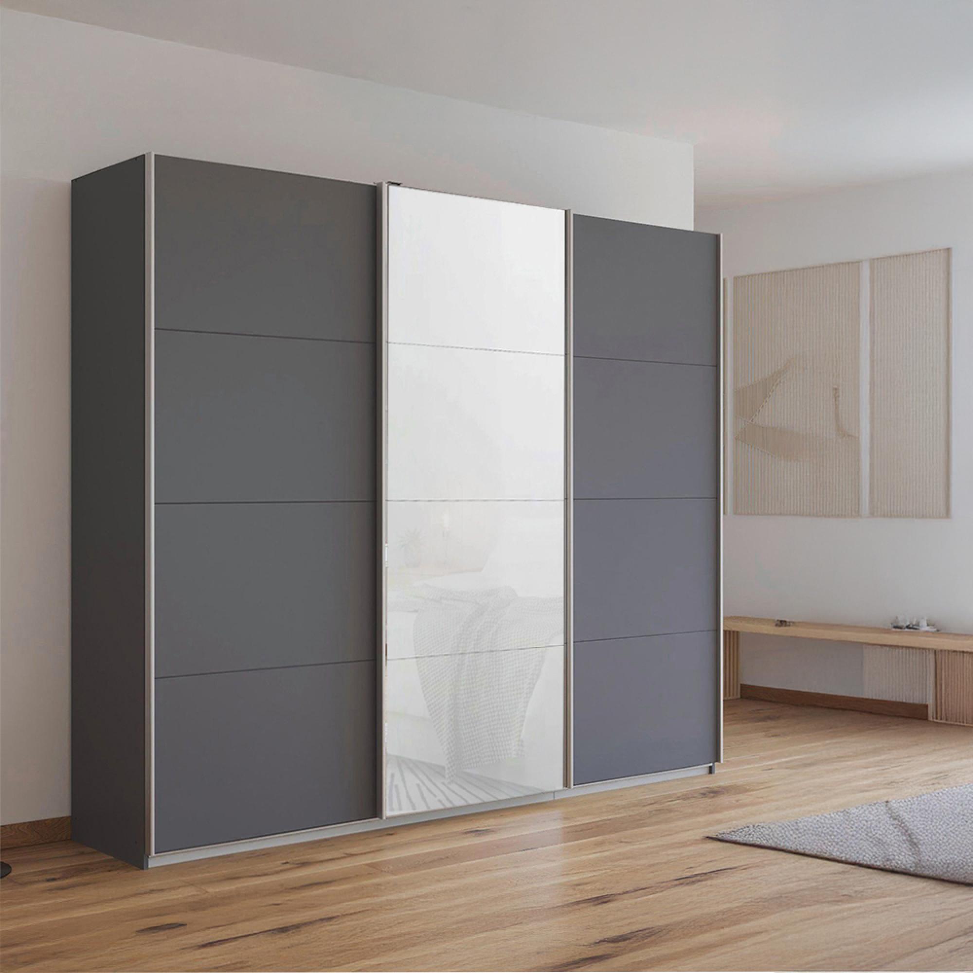 Kulmbach Sliding Wardrobe 203cm 3 Door Metallic Dark Grey White Glass Front